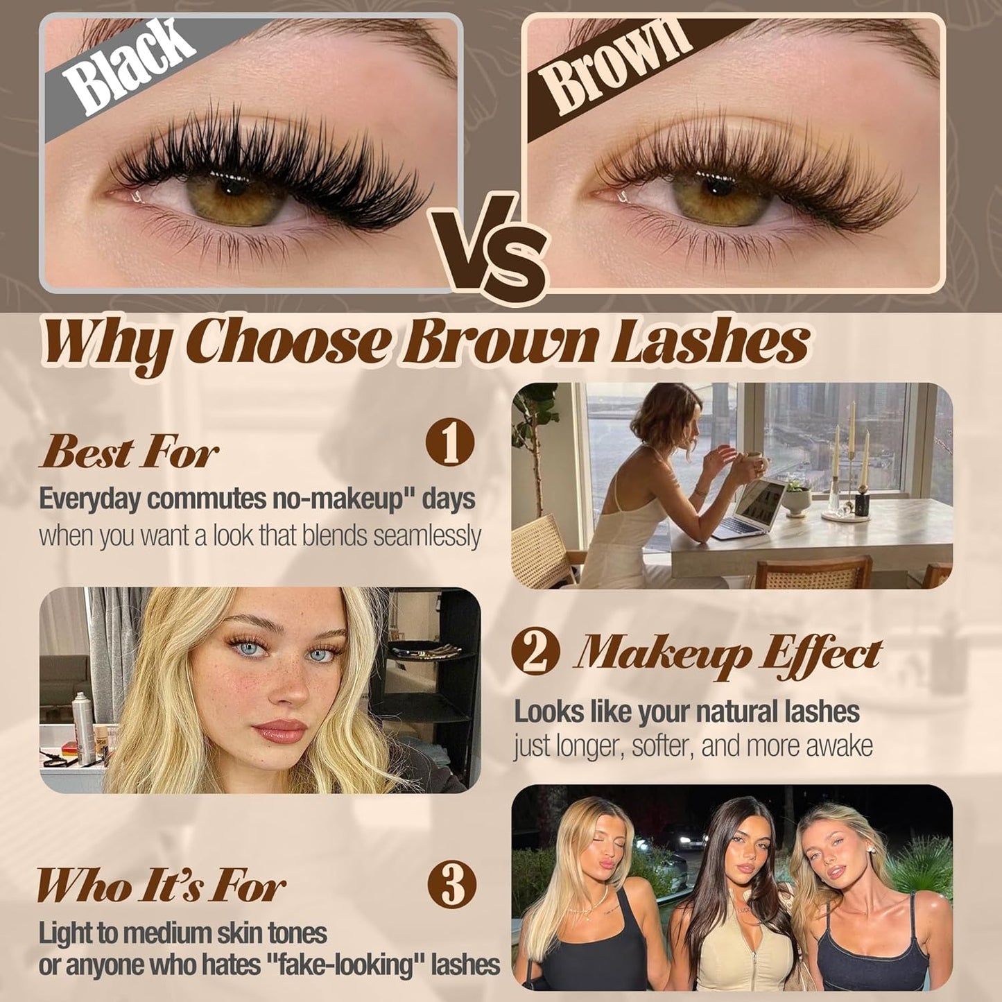 Brown Lash Clusters - Wispy Eyelash Extensions for Natural Look | C Curl Dark Brown Individual Lashes