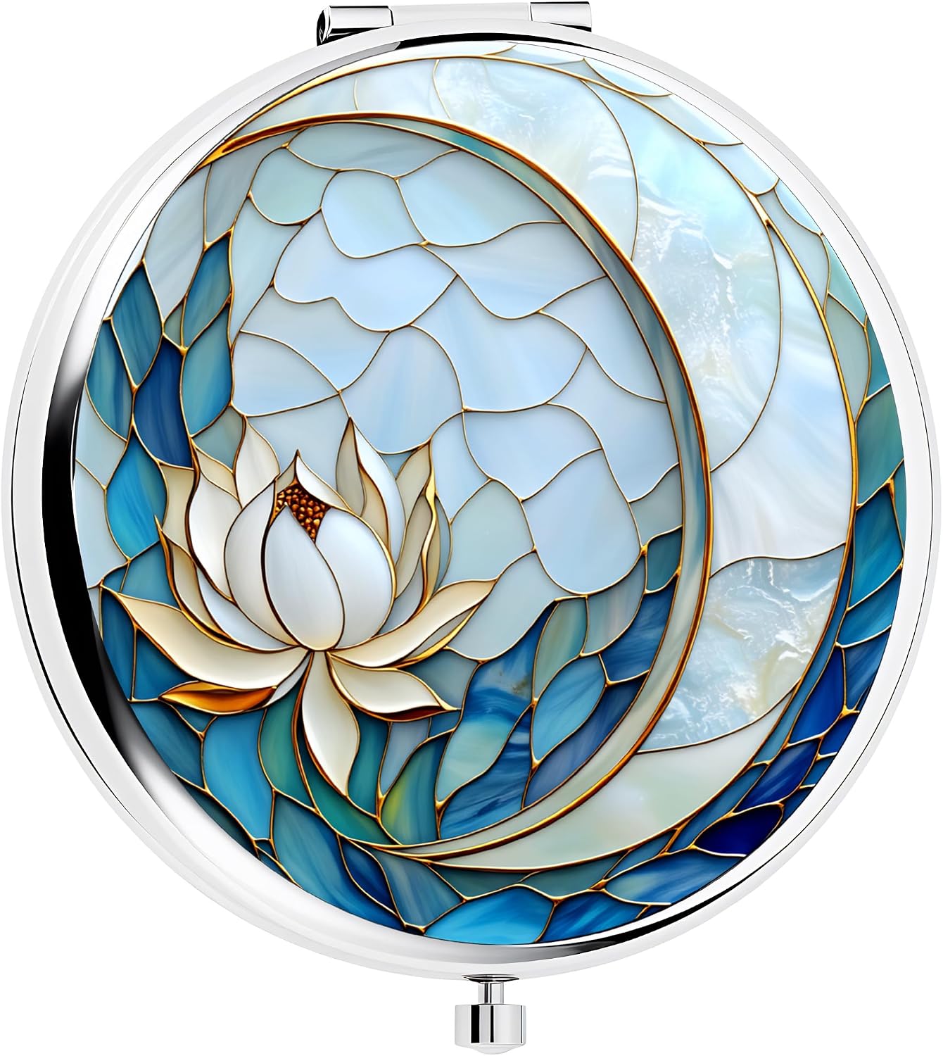Compact Double-Sided Makeup Mirror - Silver Folding Design with Blue Lotus Moon | 2.8x2.8 Inch Gift for Women