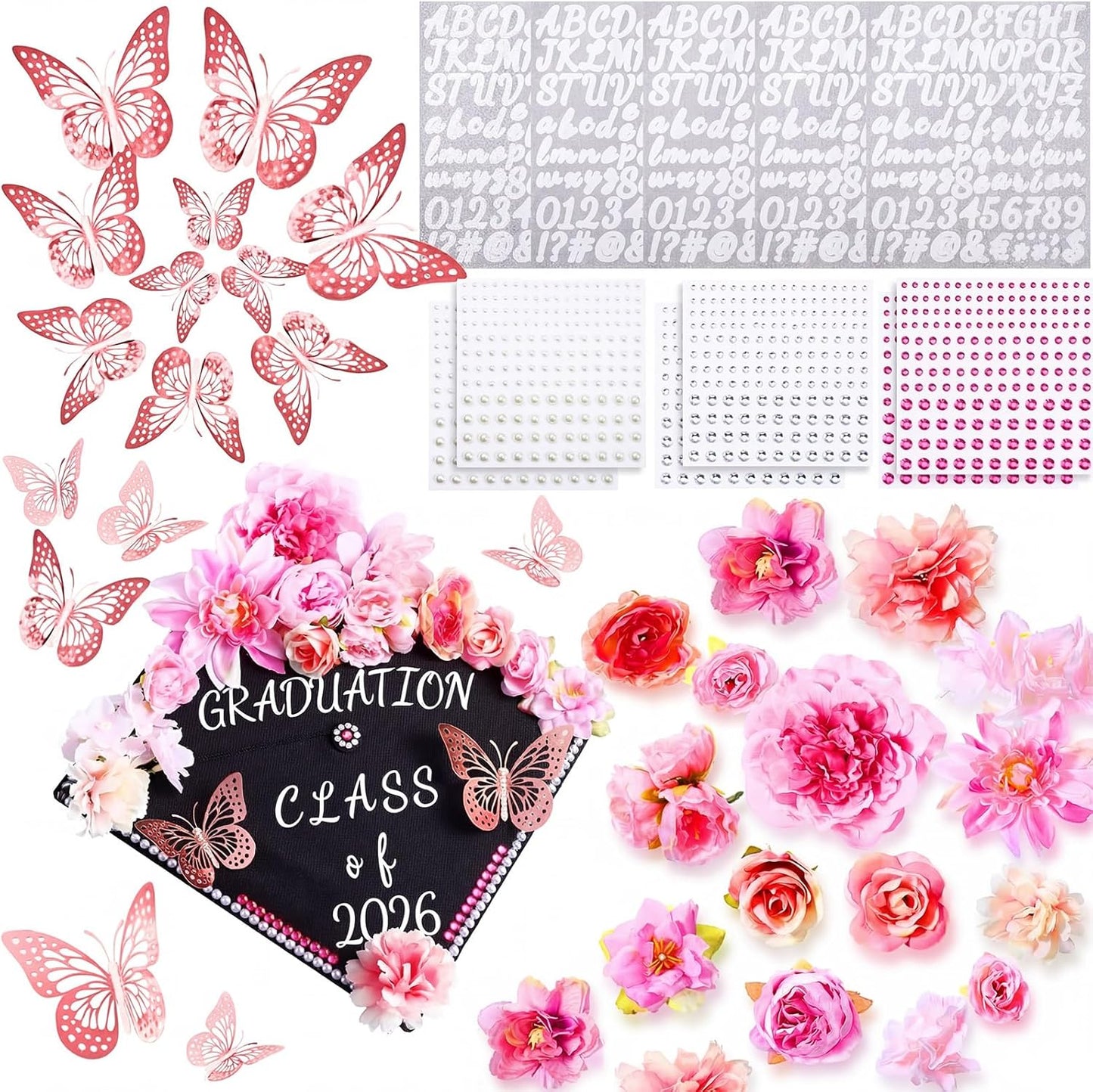 DIY Graduation Cap Decorations Kit - Faux Flowers, 3D Butterflies & Rhinestones | Pink Grad Cap Topper for 2026