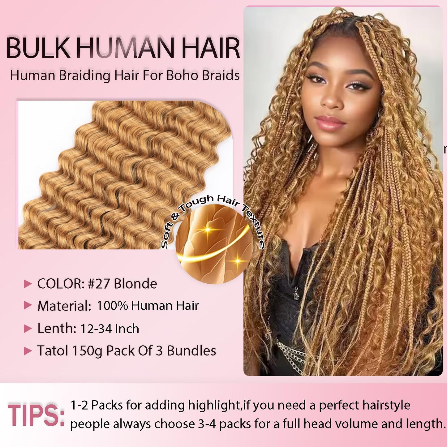 #27 Blonde Human Braiding Hair for Boho Braids 20 20 20 Inch Honey Blonde Deep Wave Bulk Human Hair Knotless Boho Braiding Curly Virgin Hair Extensions 150g 3 Bundles/Pack