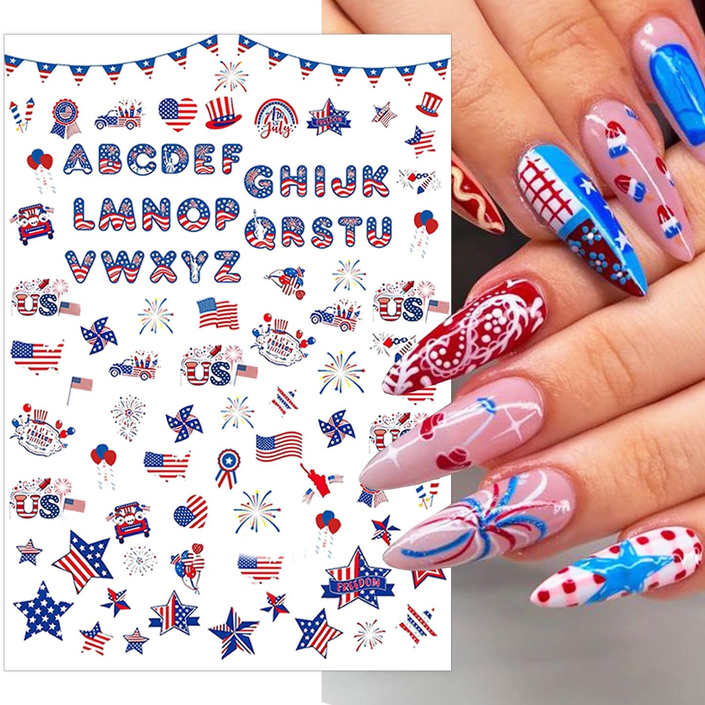6 Sheets 4th of July Nail Stickers for Nail Art 3D Self-Adhesive Independence Day Nail Decals American Flag Stars Letters USA Nail Art Stickers Fourth of July Nail Design Nail Art Supplies for Women