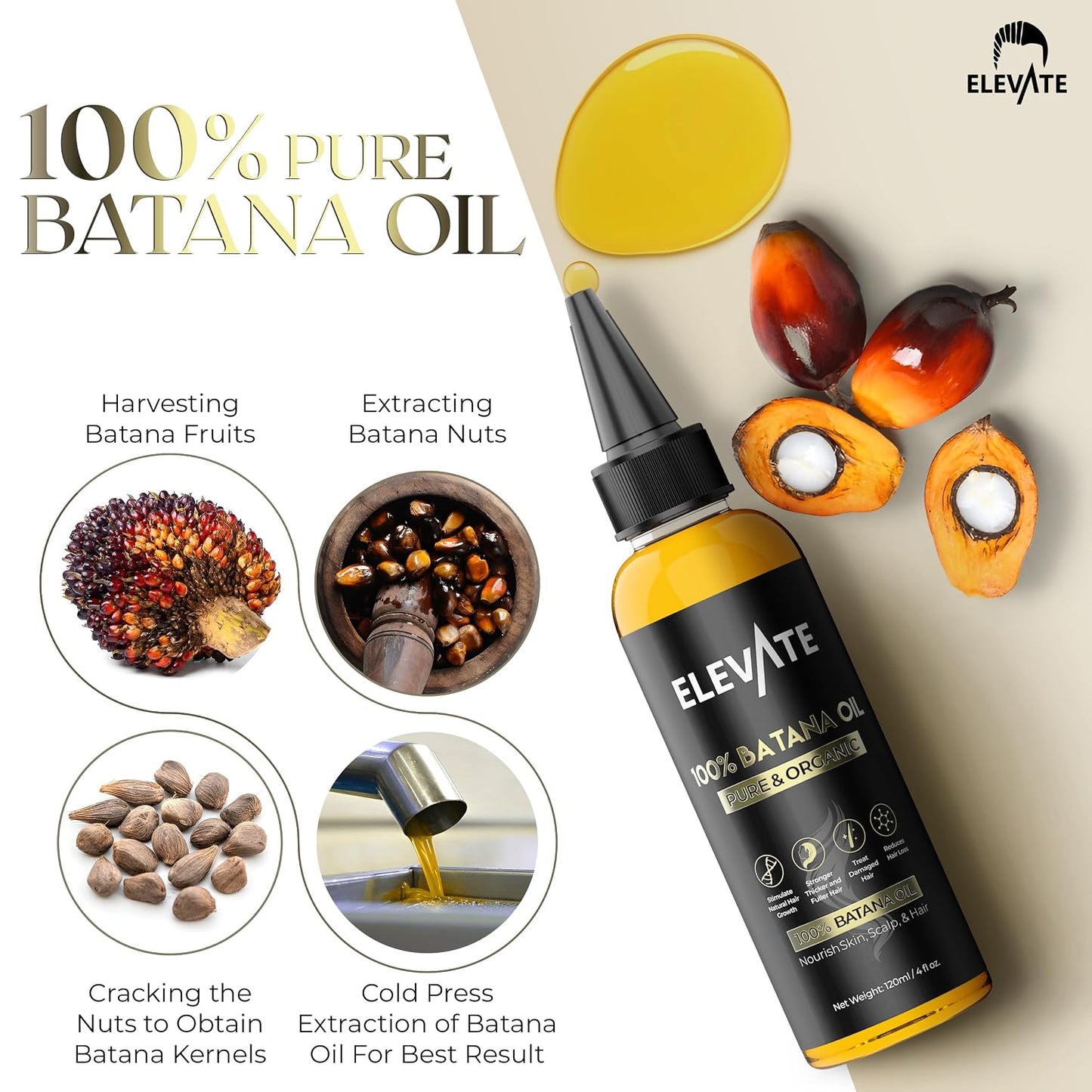 Elevate Batana Oil for Hair Growth - 100% Pure Organic Serum for Thickness & Scalp Care | 4 Fl Oz