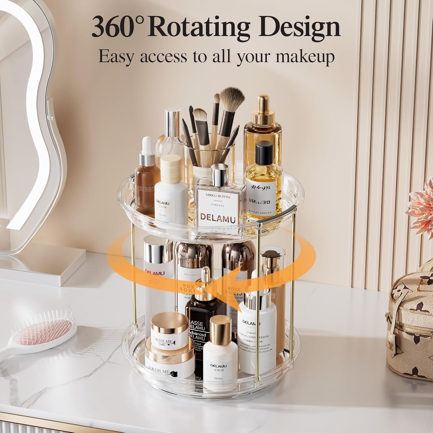 Rotating Makeup Organizer - 2 Tier Stackable Vanity Storage | Clear Skincare & Perfume Holder