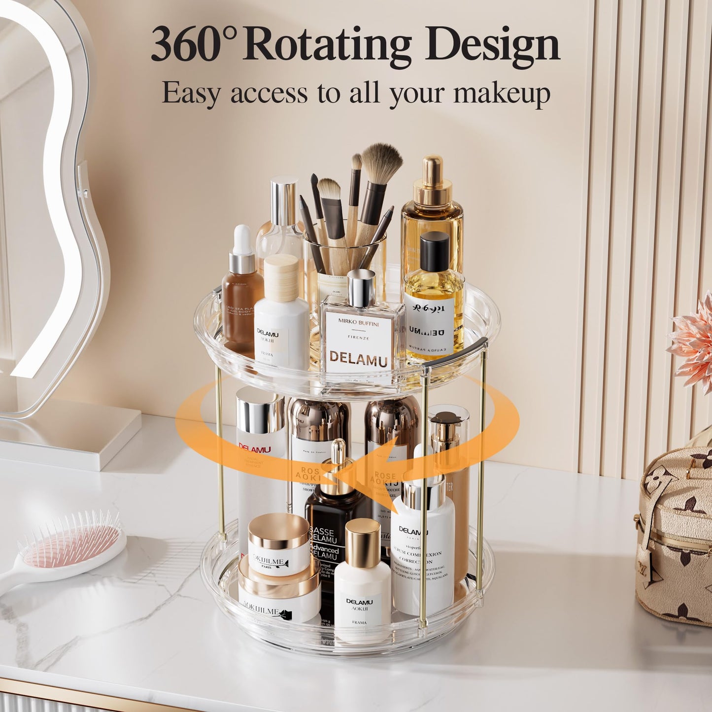 Delamu Rotating Makeup Organizer for Vanity, 2 Tier Bathroom Counter Organizer with Stackable Design, Spinning Skincare Organizer for Bathroom Countertop, Perfume Cosmetic Storage, Clear