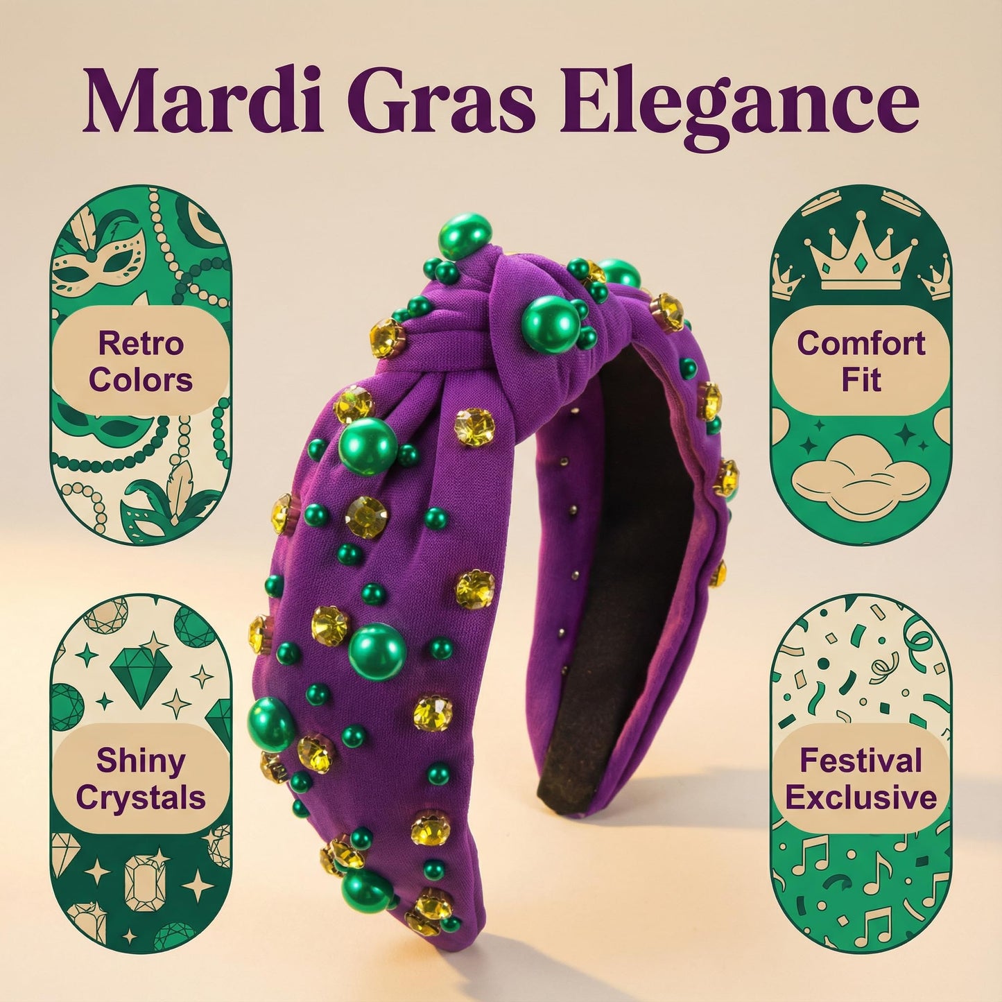 XIELIME Mardi Gras Headband for Women, Purple Green Gold Pearl Rhinestone Jeweled Knotted Cloth Hairband Carnival Wide Knot Head Band Mardi Gras Outfit for Women's Hair Accessories