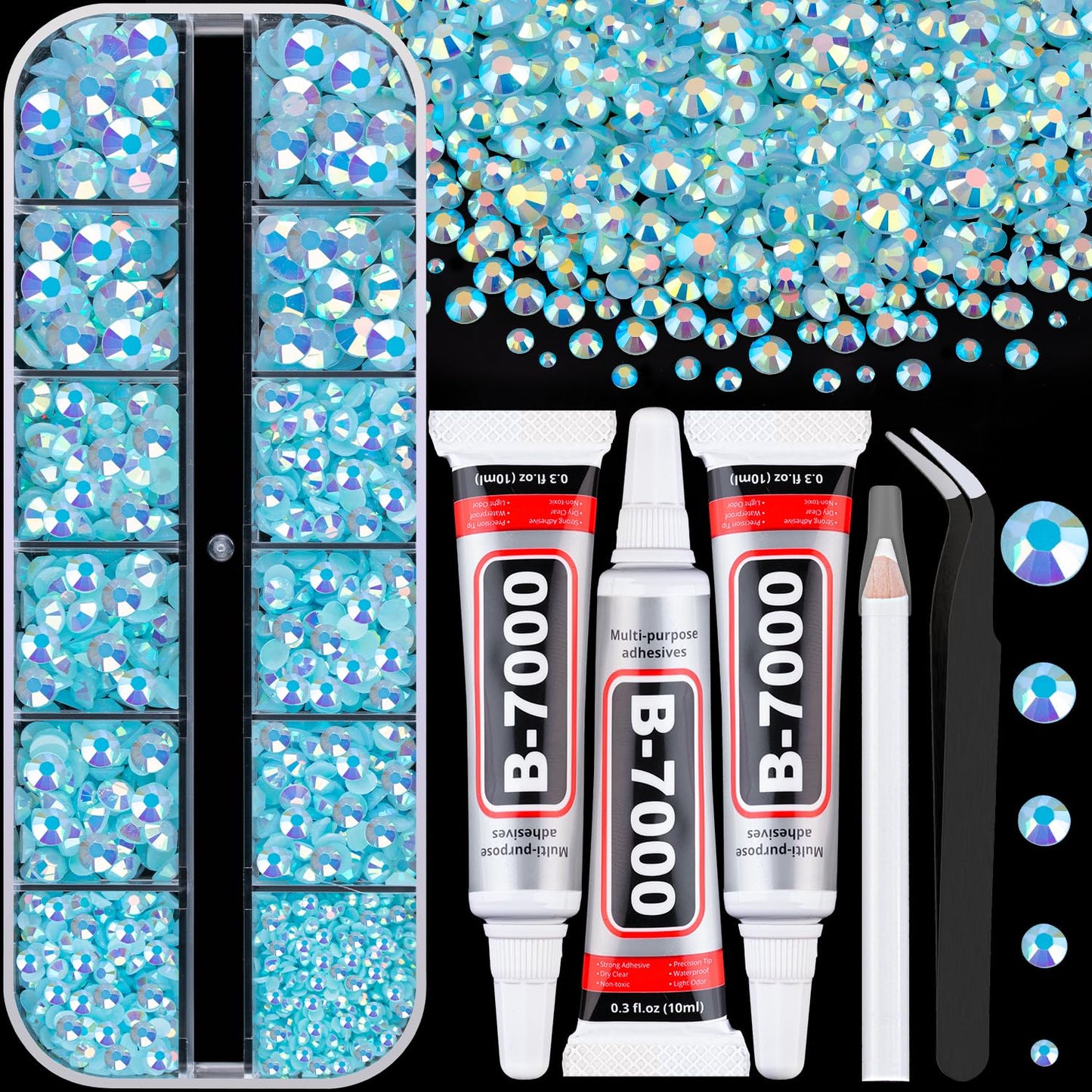 32000 Pcs Black Rhinestones - Flatback Resin Gems for Bedazzling | Jewelry Glue & Tweezers Included