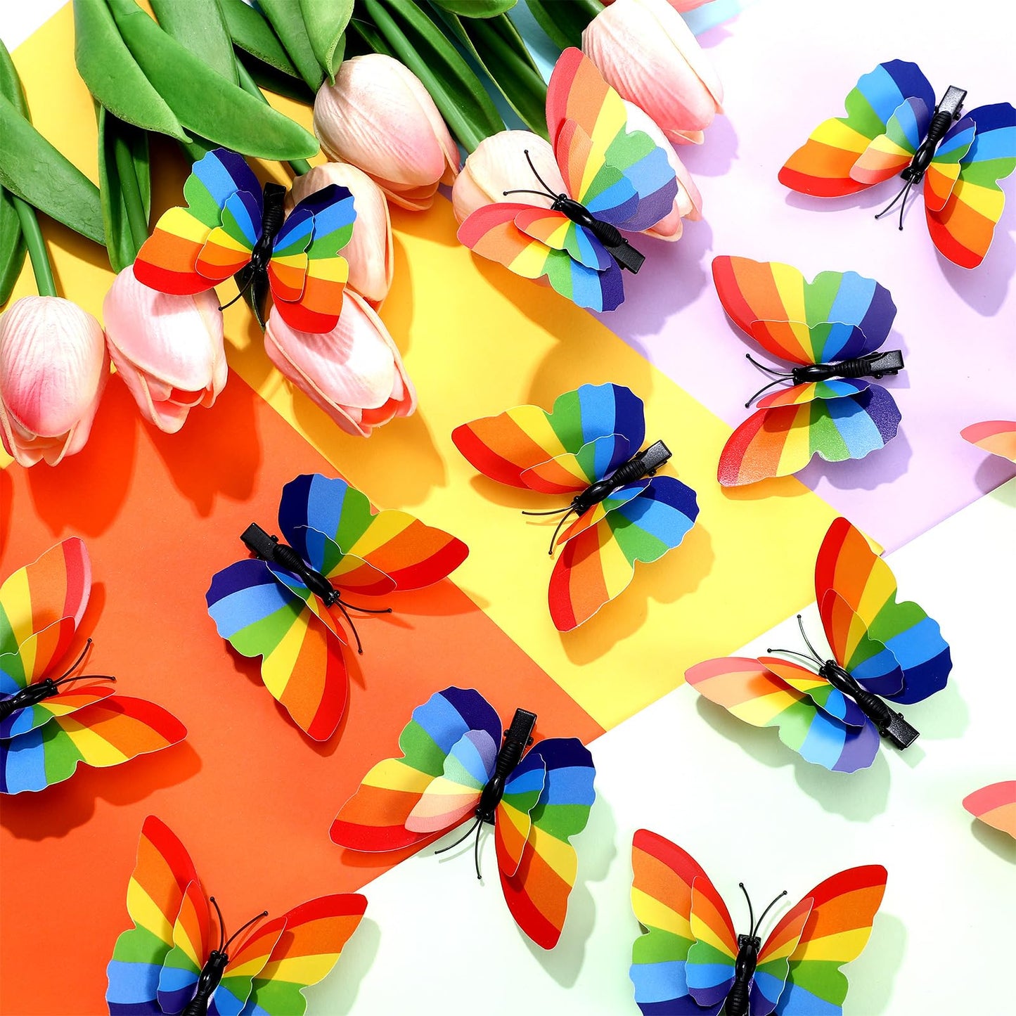 Yuxung 24 Pcs Rainbow Butterfly Hair Clips Headpiece for Women Girls Rainbow Hair Accessories Gay Pride Day Halloween Party Decorations