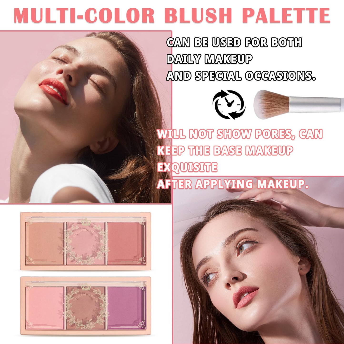 2Pcs 3 Colors Blush Palette for Cheeks with Make Up Brush,Face Matte Contour Blush Makeup Palette,Buildable Shimmer Facial Cheek Blusher Shades,Blendable Cosmetic Makeup Blush