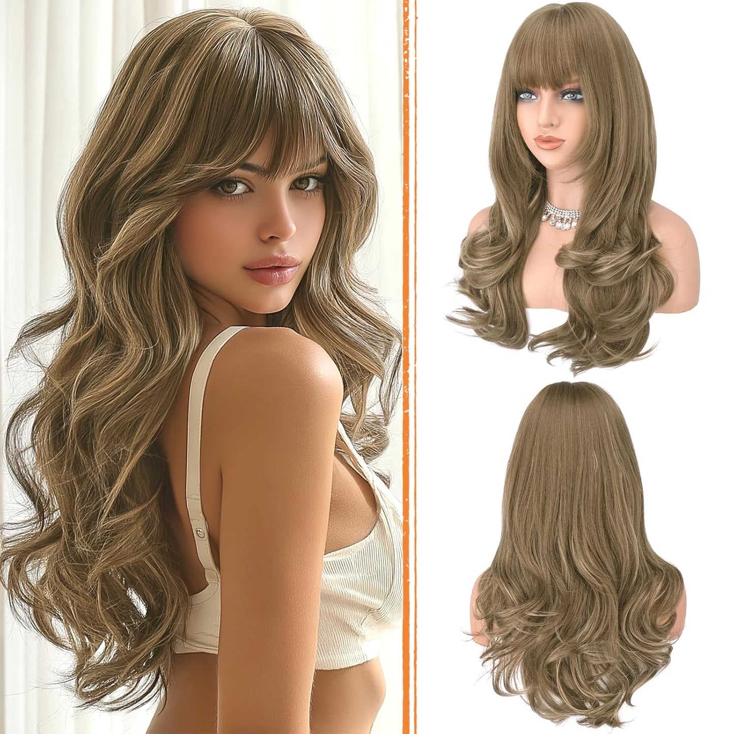 Blonde Wigs with Bangs - Long Wavy Layered Synthetic Hair Wig | Natural-Looking, Heat Resistant, 24 Inch for Daily Wear & Parties