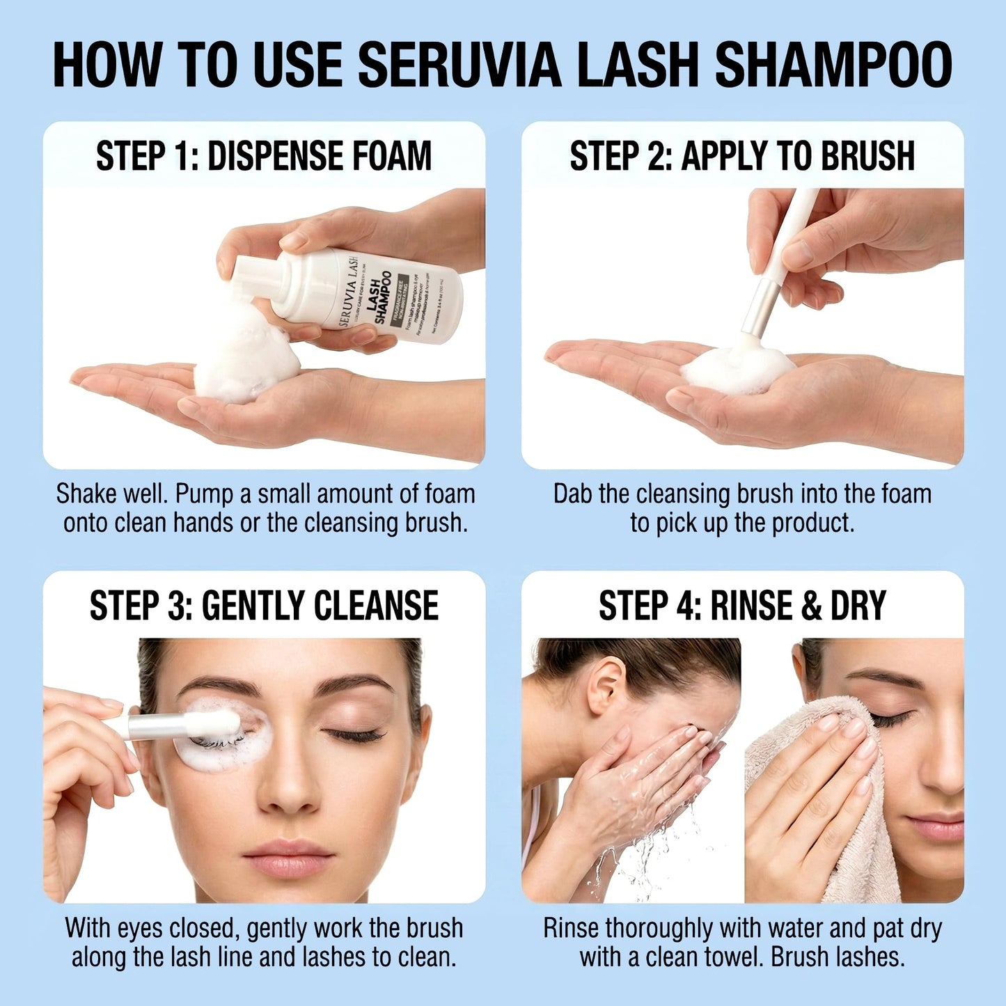 Seruvia Unscented Lash Shampoo Bulk Refill - 500ml Eyelash Extension Cleanser, Oil-Free Lash Wash for Sensitive Eyes (Includes 2 Foaming Bottles, 12 Brushes & 2 Aftercare Cards)