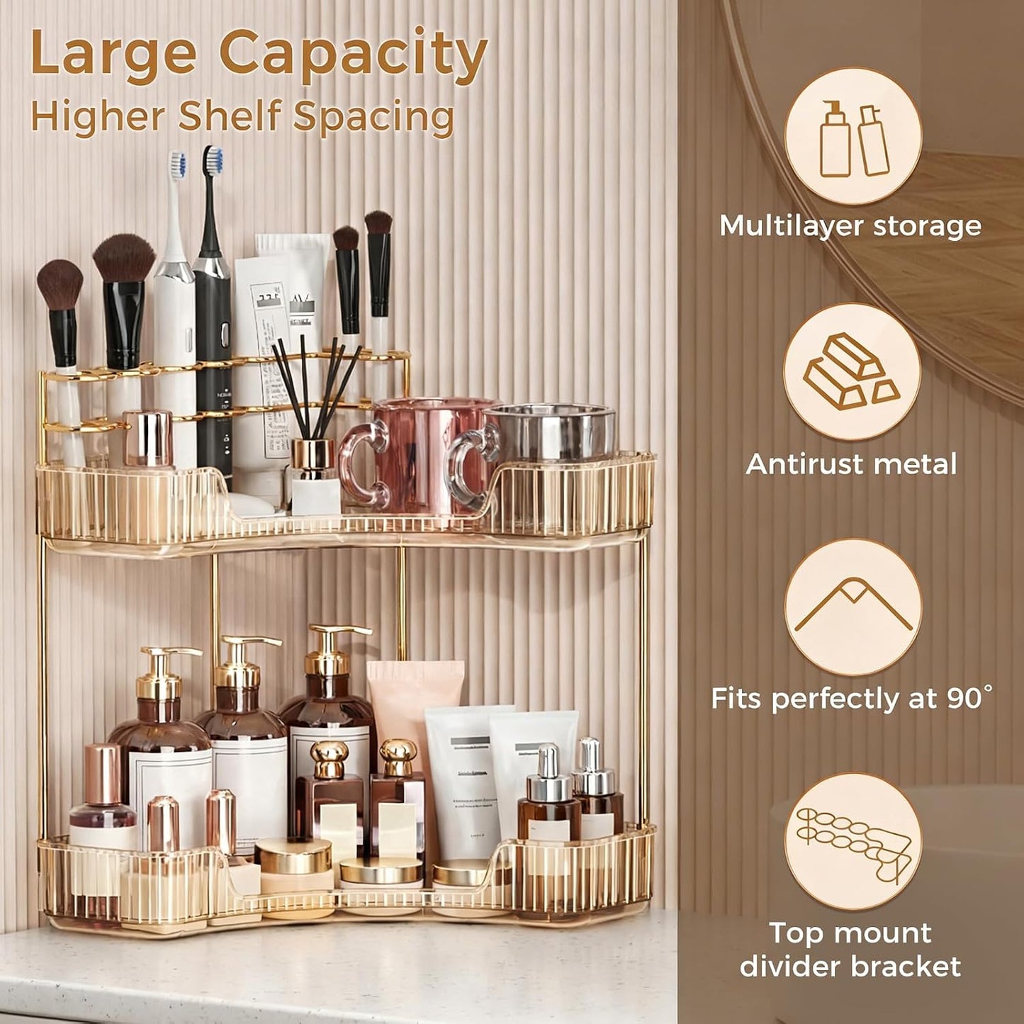 Corner Bathroom Counter Organizer - 2-Tier Makeup & Skincare Storage with Brush Holder | Gold Finish