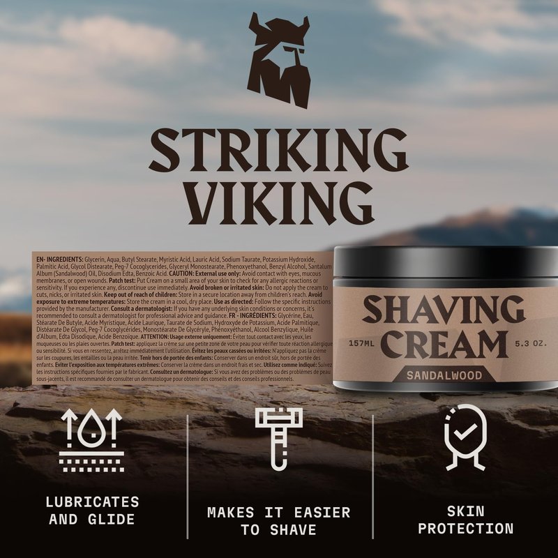 Striking Viking Men's Shave Cream for Men - 5.3 Oz, Pack of 1, Sandalwood - Sensitive Skin Shaving Cream - Rich Shaving Lather & Smooth Razor Glide - Travel-Ready