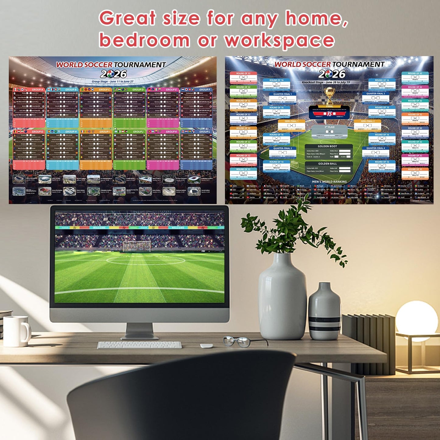 AhfuLife Large World Cup Tournament Schedule Poster, A2 Size-23.3" x 16.5", 2 Pcs Soccer Calendar Wall Chart Decorations, 2026 Soccer Tournament Wallchart for Fans Home Office Bar Party Decor (A2-Folded)