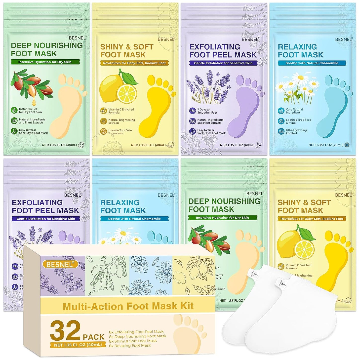 Moisturizing Foot Mask - 32 Pack Hydrating Socks for Dry, Cracked Feet | Soothing Skin Care Gift Set for Men & Women