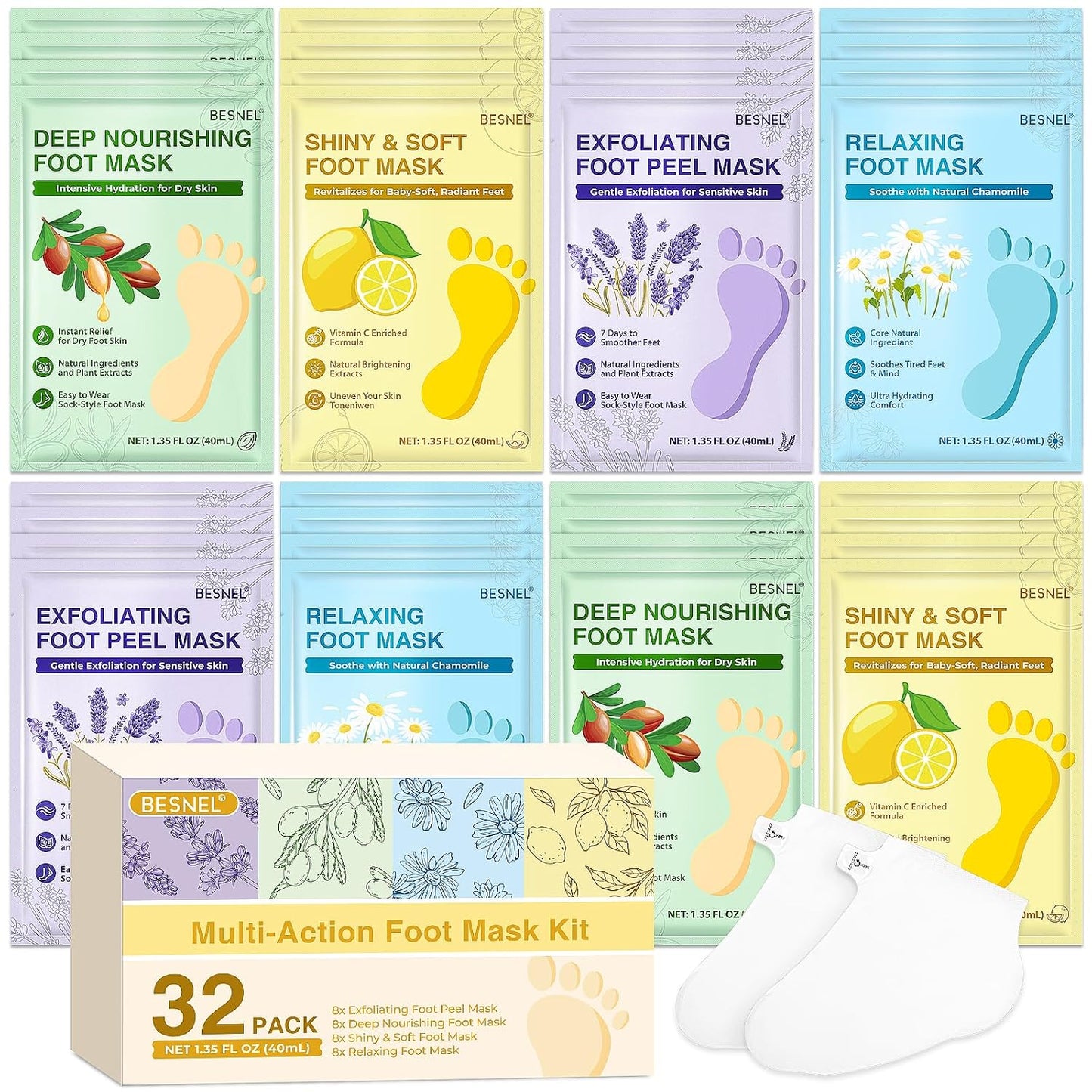Moisturizing Foot Mask - Hydrating Socks for Dry Cracked Feet | 8 Pack, 4 Styles for Soft Skin