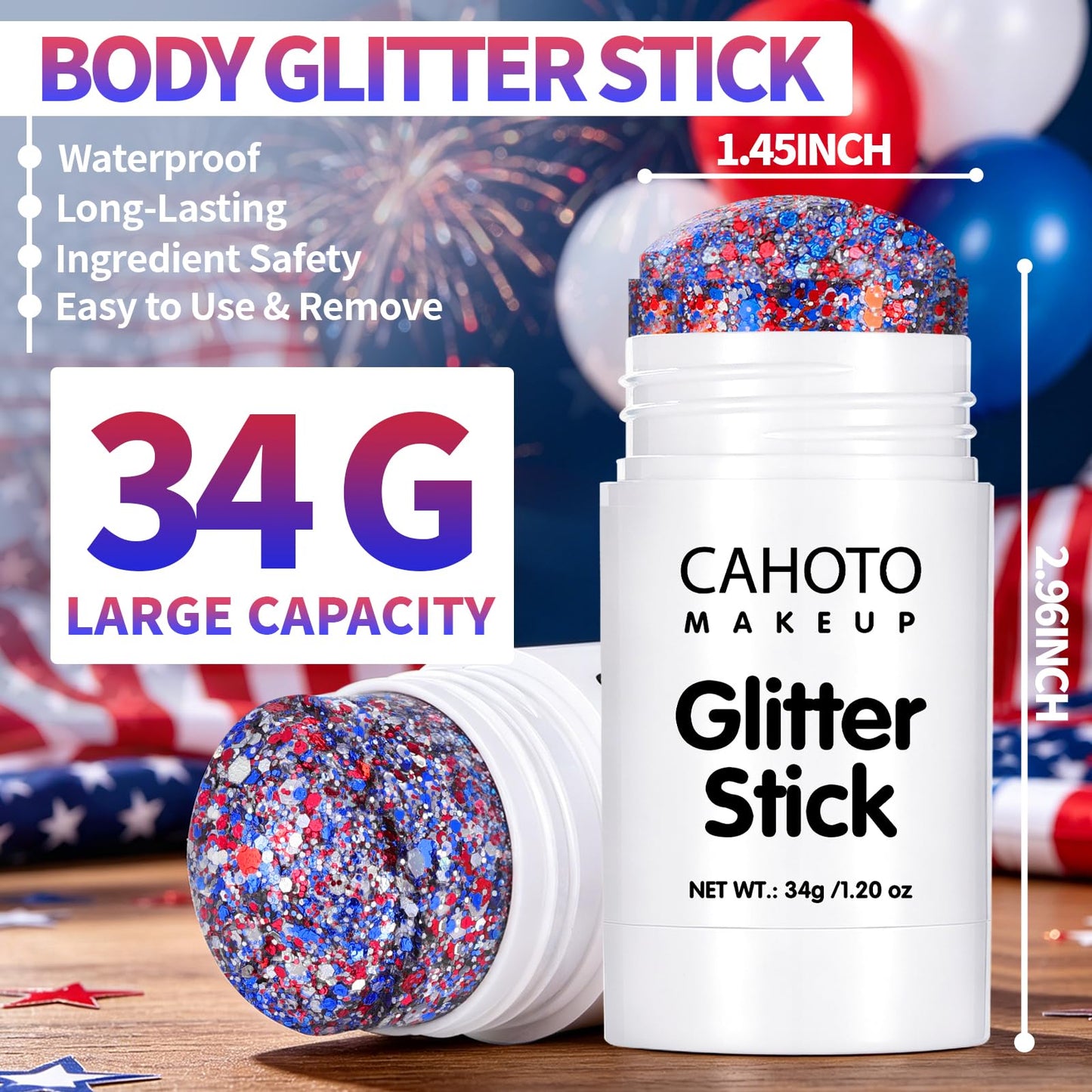 CAHOTO Hex Glitter Stick, Red White Blue Hexagon for Face Body Hair, Patriotic Pride USA Flag Sparkling Sequins for Independence Day 4th of July Memorial Day Semiquincentennial 250 Anniversary, 1.2oz
