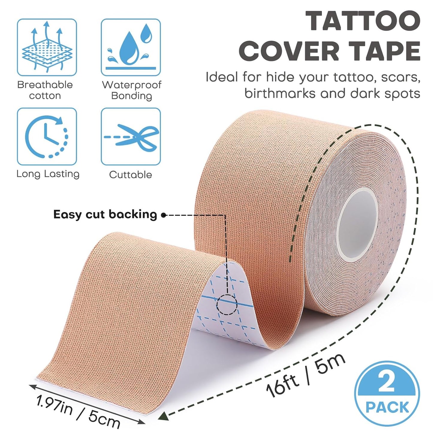 Tattoo Cover Tape - 2 Rolls Waterproof Concealer for Scars & Birthmarks | 2'' x 16.4Ft, Light Tan