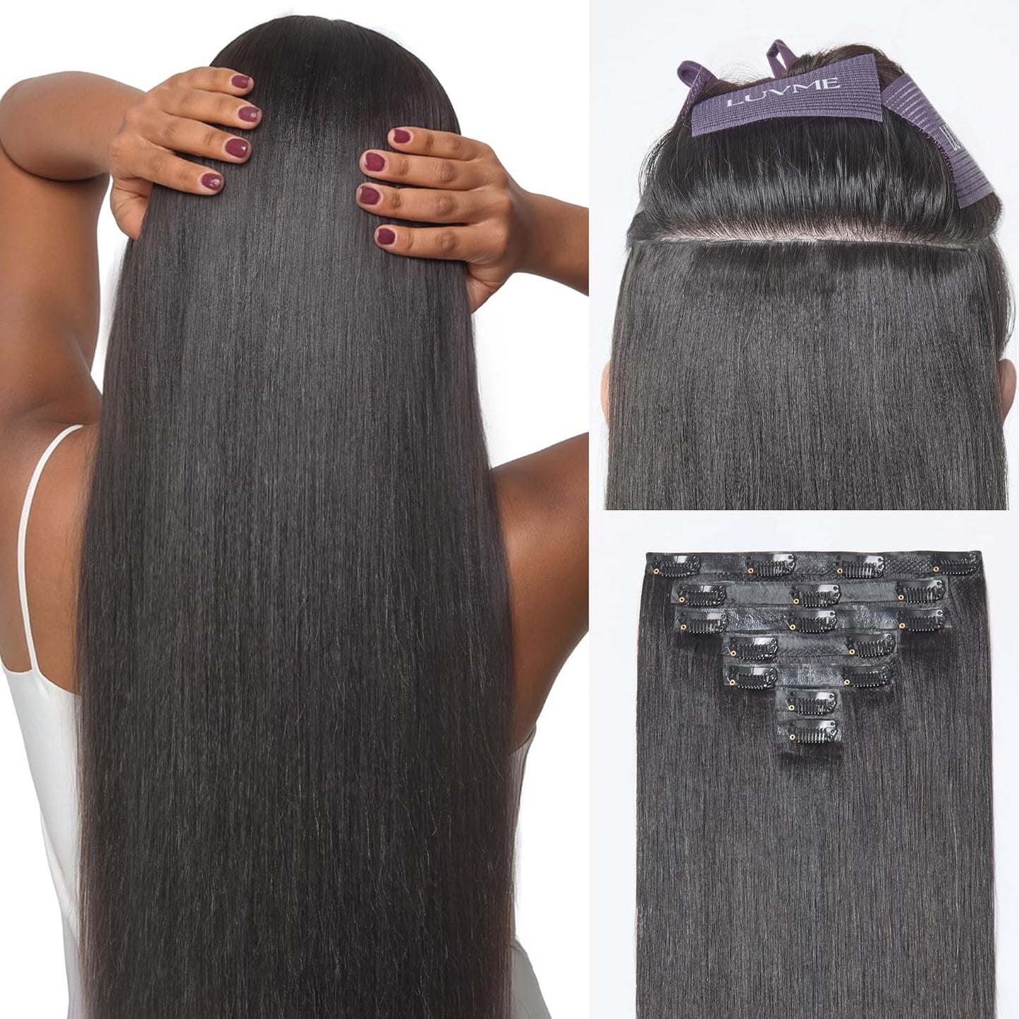 LUVME Invisible Clip-In Hair Extensions - 0.59mm Yaki Straight 24 Inch, 100% Real Human Hair, 6 Pcs 100g | Wider Wefts for Easy Sectioning