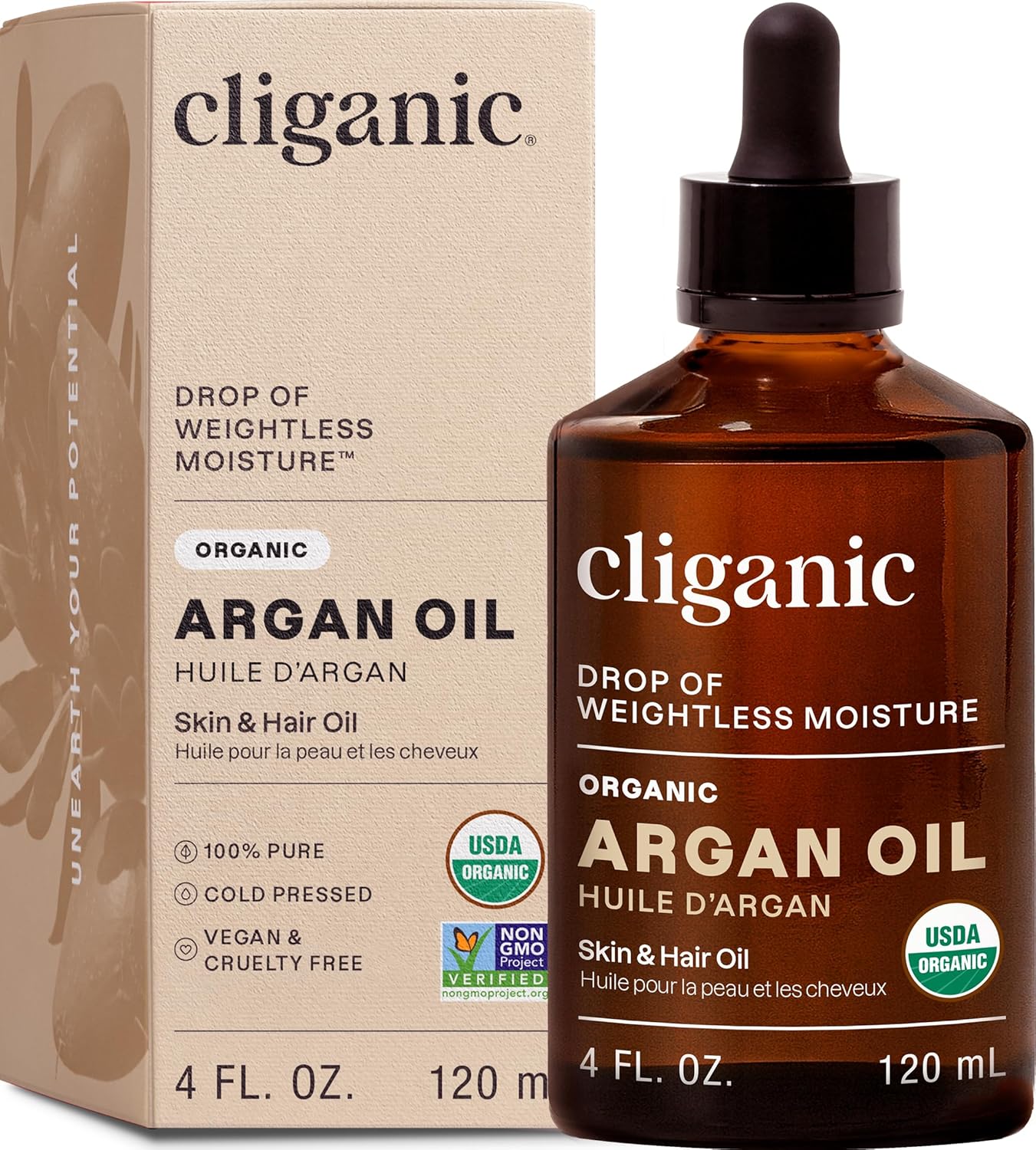 Cliganic Organic Argan Oil - 100% Pure Cold Pressed Carrier Oil for Hair, Face & Skin | 4 oz