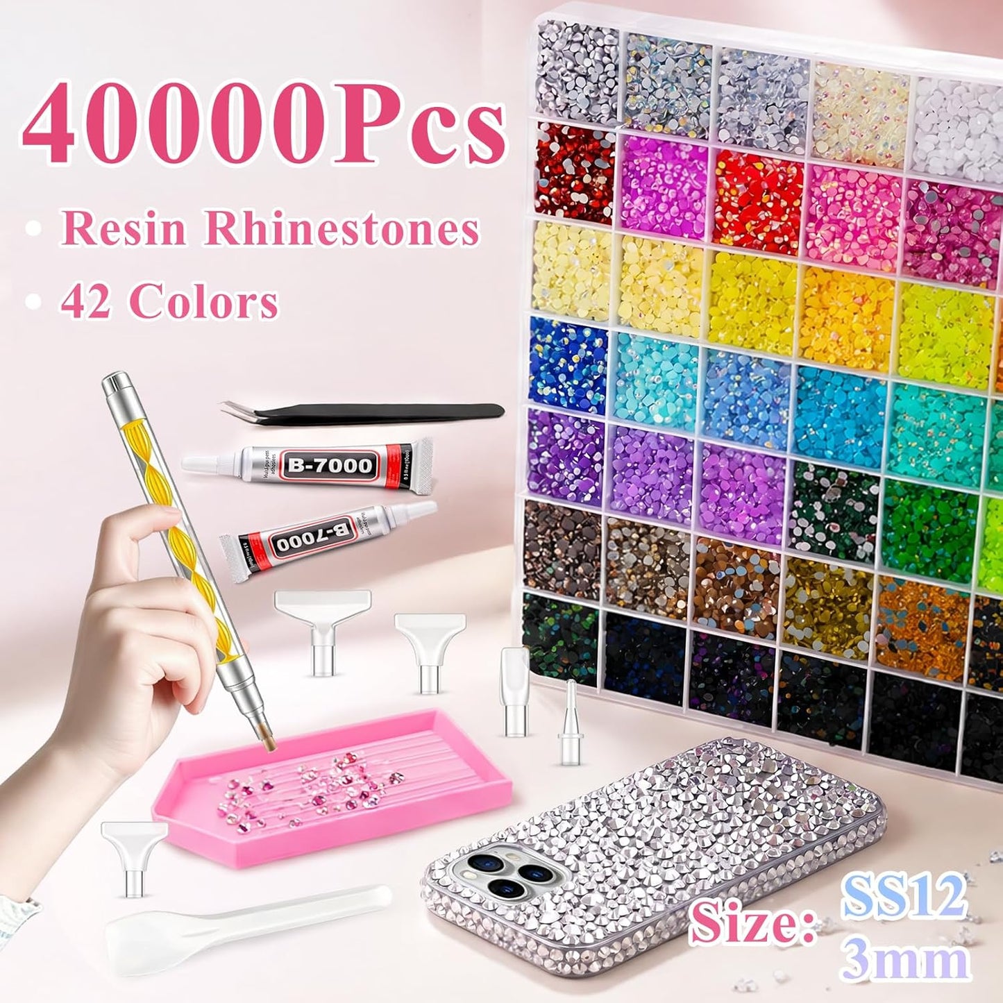 Resin Jelly Rhinestones - 40,000 Pcs Colorful Flatback Gems Kit for DIY Crafts | Includes B7000 Jewelry Glue & 3MM SS12 Size