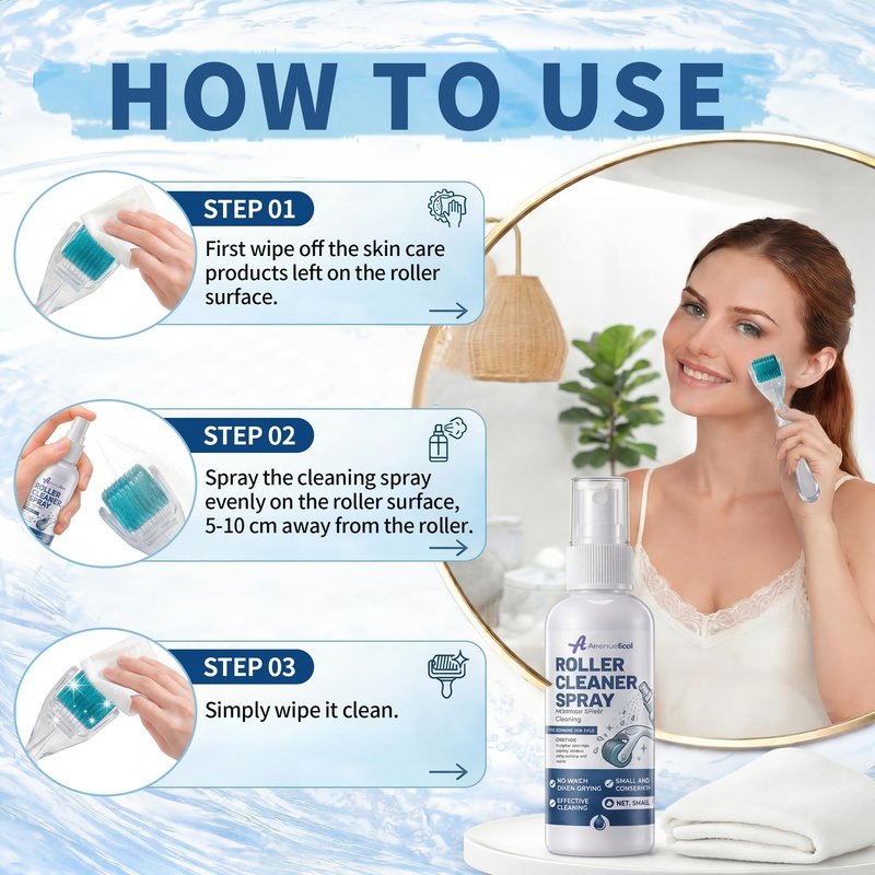 Avenuebool Cleaner Spray for Derma Roller, Skin Friendly Derma Roller Cleansing Spray Removes Residue & Buildup, Fast Dry Formula for Tool Grooves, Keeps Tools Clean & Smooth, 100ml/3.38 fl oz