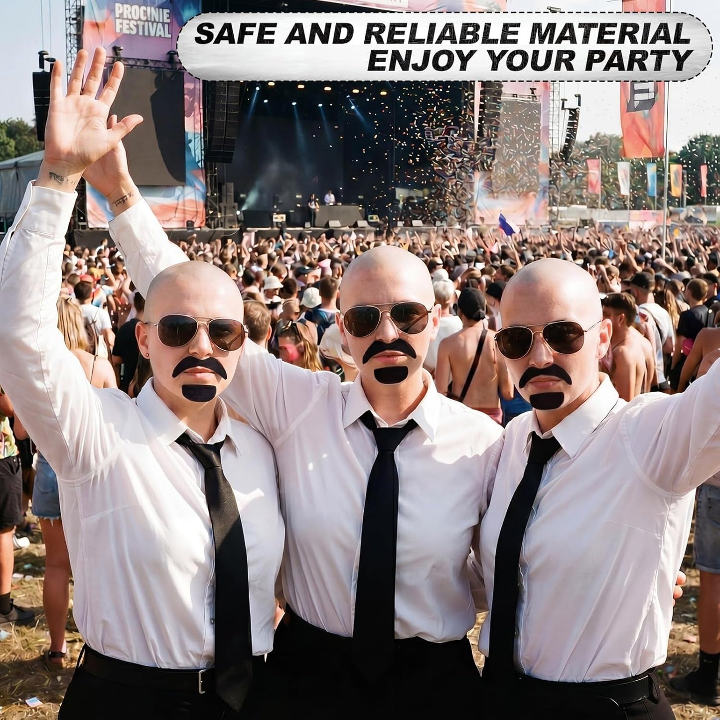 Bald Caps Set - 9 Pcs Costume Accessories for Men & Women | Includes White T-Shirt, Sunglasses, Tie & Mustache