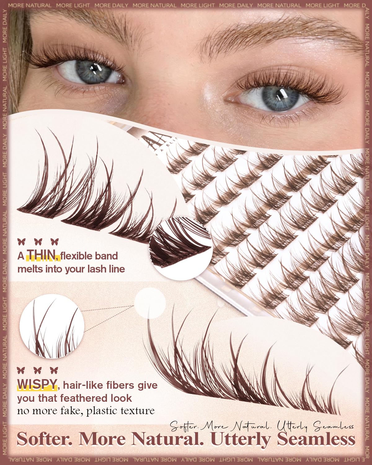 Wtvane Brown Lash Clusters Natural Eyelash Clusters 8-10-12mm Short Lash Extensions Wispy Lash Clusters C Curl Individual Lashes Cluster with Thin Band Soft Brown Eyelashes Clusters for Clean Makeup