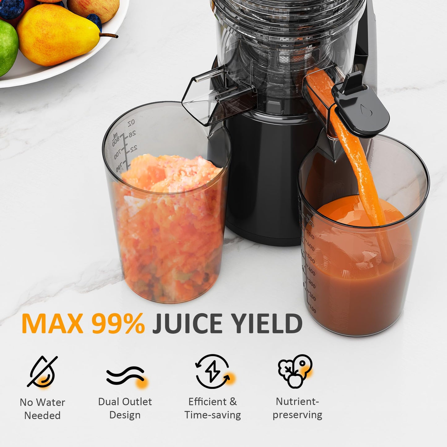 Sunvivi Cold Press Juicer with 5.9" Wide Feed Chute, 150W Slow Masticating Juicer Machines Fit Whole Vegetables & Fruits, Easy to Clean, Dual-Layer Strainer, High Yield Juicer for Home, Black