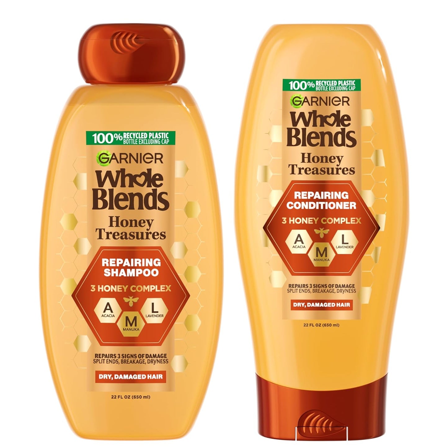 Garnier Whole Blends Honey Treasures Repairing Shampoo & Conditioner Set | For Dry, Damaged Hair (3 Items)