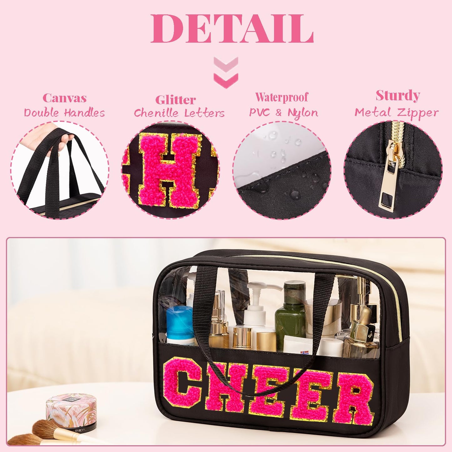 JOJOPOLLO Chenille Pink Letter Cheer Bag Cheerleader Gifts for Team Women Girls Cheer Stuff Accessories Makeup Bag with Handle and Zipper, Cheer Gifts