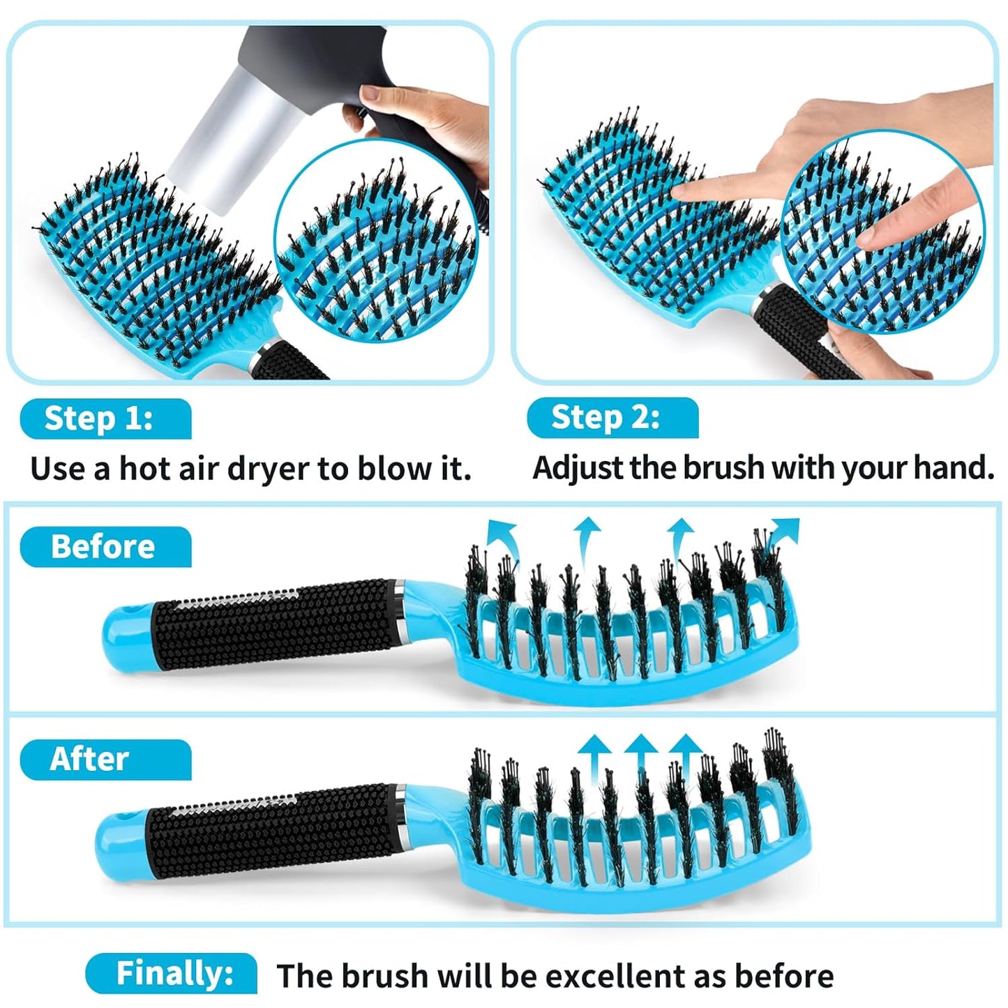 Boar Bristle Hair Brush Set - Curved Vented Detangler for Kids & Men | Adds Shine to Thick Curly Hair