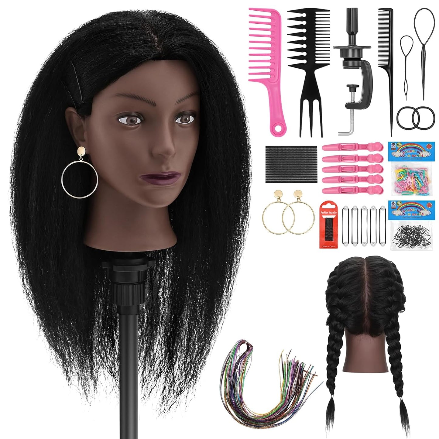 Human Hair Mannequin Head - 18" Cosmetology Doll for Hair Styling & Braiding | Includes Table Clamp Stand