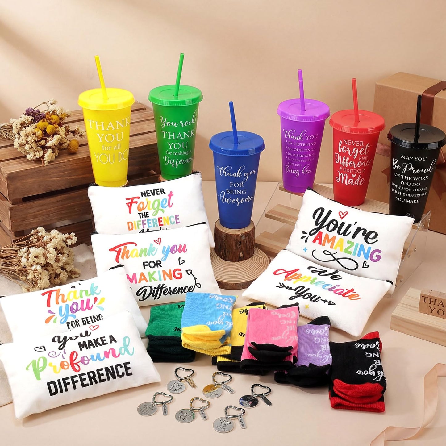 Funnymoom 24 Pcs Employee Appreciation Gifts Bulk for Women 24 oz Plastic Tumbler Cup Inspirational Makeup Cosmetic Bag Crew Sock Keychain Thank You Gift for Teachers School Staff Team Coworker