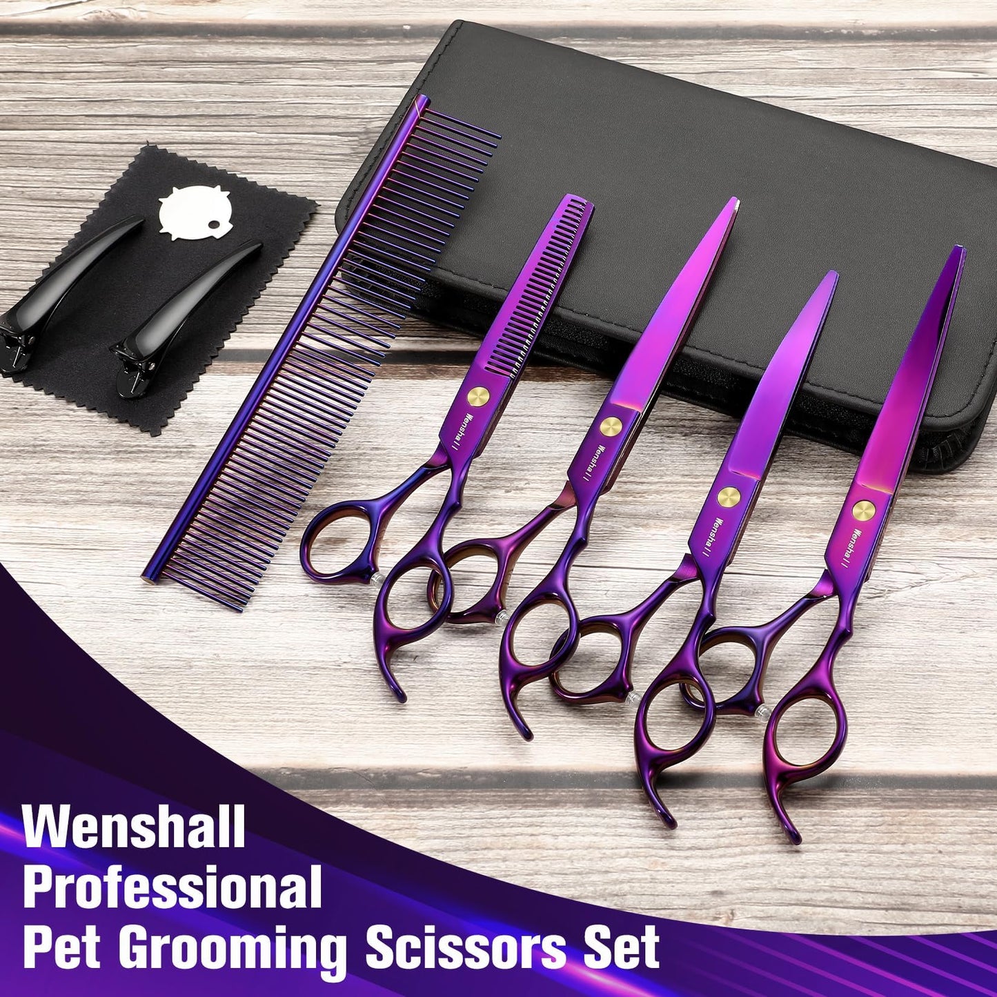 Wenshall Professional Dog Grooming Scissors Set, 7.0 Inch Titanium Straight & Thinning & Curved scissors and Comb for Dog grooming (Purple)