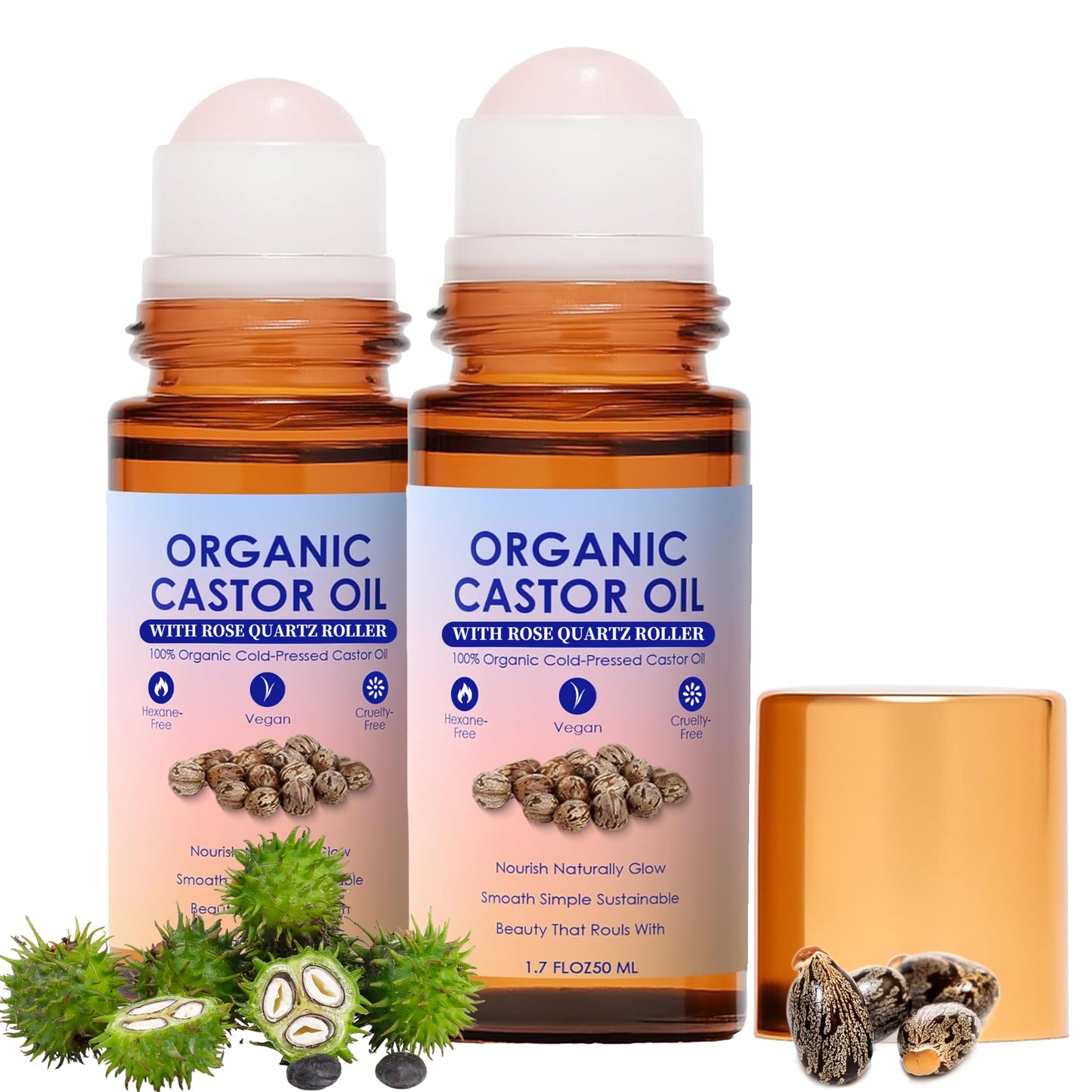 WXZTC 2 Pack x 1.7 floz, Organic Castor Oil Rose Quartz Roller Ball, 100% Pure Cold-Pressed, Deep Moisturizing for Skin, Hair, Eyelashes & Eyebrows