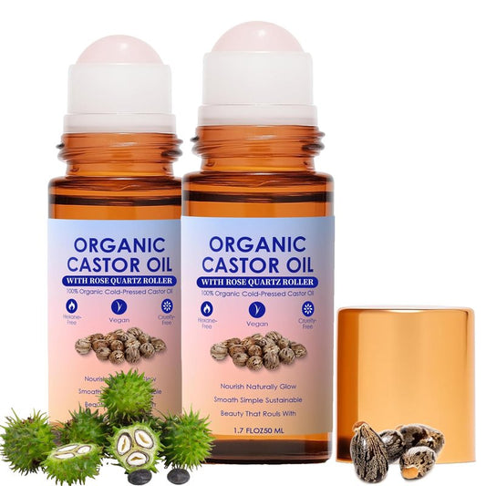 WXZTC 2 Pack x 1.7 floz, Organic Castor Oil Rose Quartz Roller Ball, 100% Pure Cold-Pressed, Deep Moisturizing for Skin, Hair, Eyelashes & Eyebrows