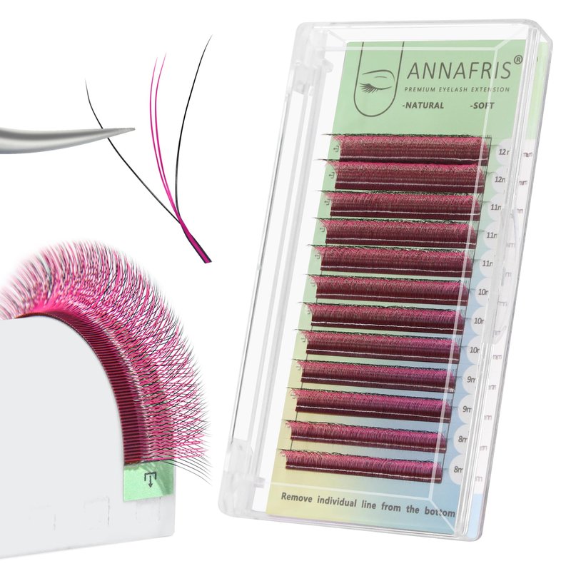 ANNAFRIS 3D W Shape Pink Dual Core Premade Fan Eyelash Extensions Volume 2 Tips False Lashes Faux Mink Matte Black Cluster Lash Extensions(0.07 C,8-15mm Pink)