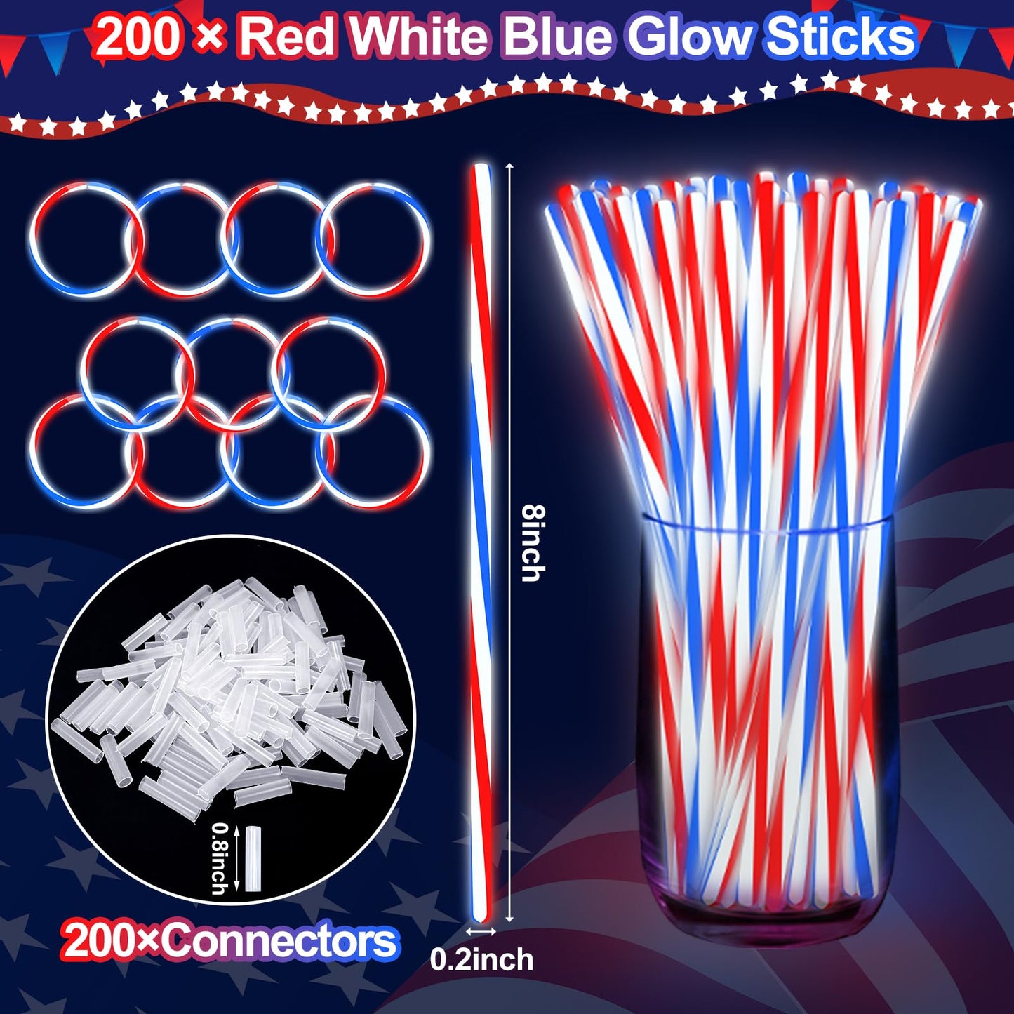 200 PCS 4th of July Glow Sticks Bulk with Connectors,Red White Blue 3 Colors In 1 Glow in The Dark Stick, Light Up Bracelets & Necklaces for Kids & Adults, 250th Anniversary USA Party Favor Supplies