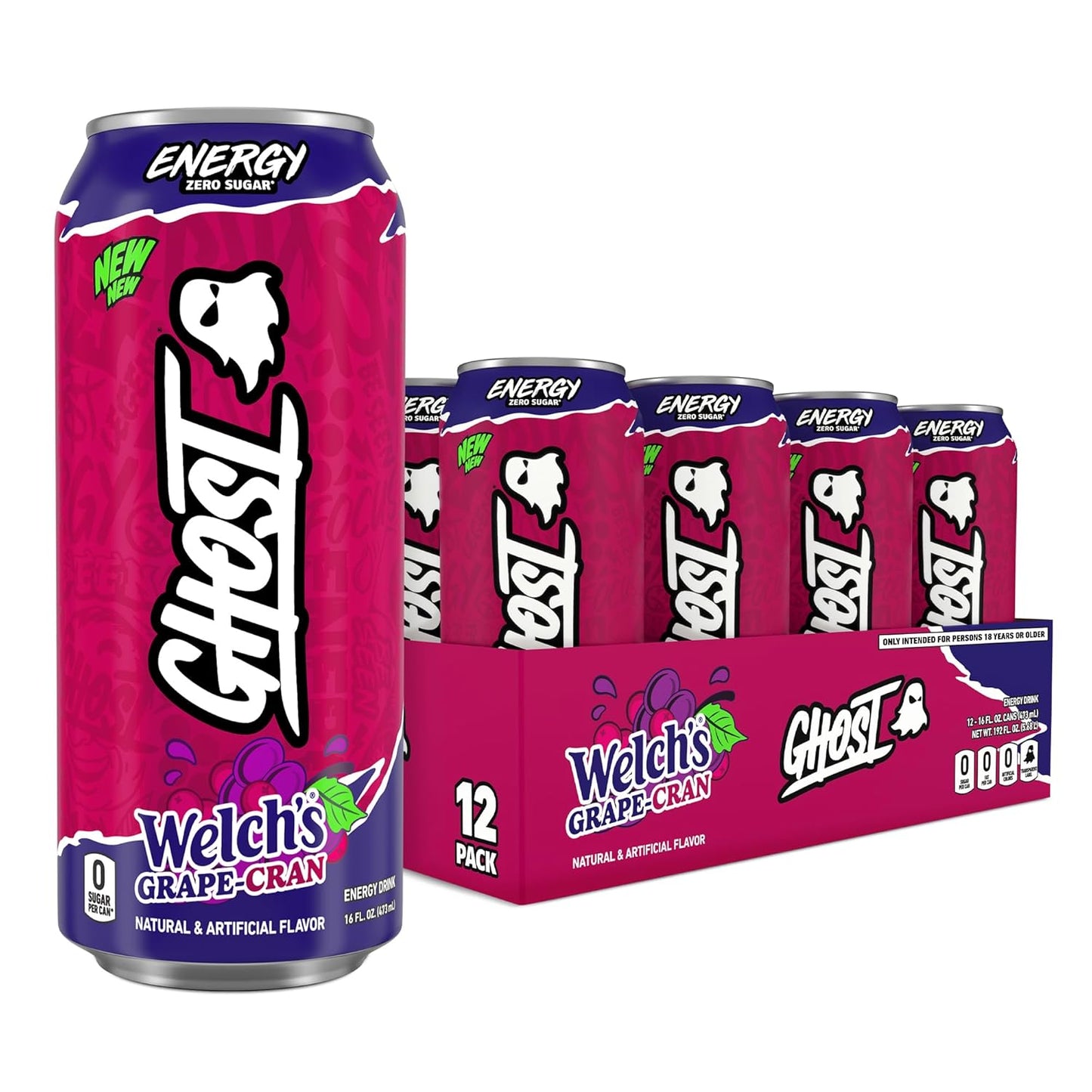 GHOST Energy Drink - 12-Pack Welch's Grape 16oz Cans | Natural Caffeine, Vegan & Gluten-Free Energy Boost