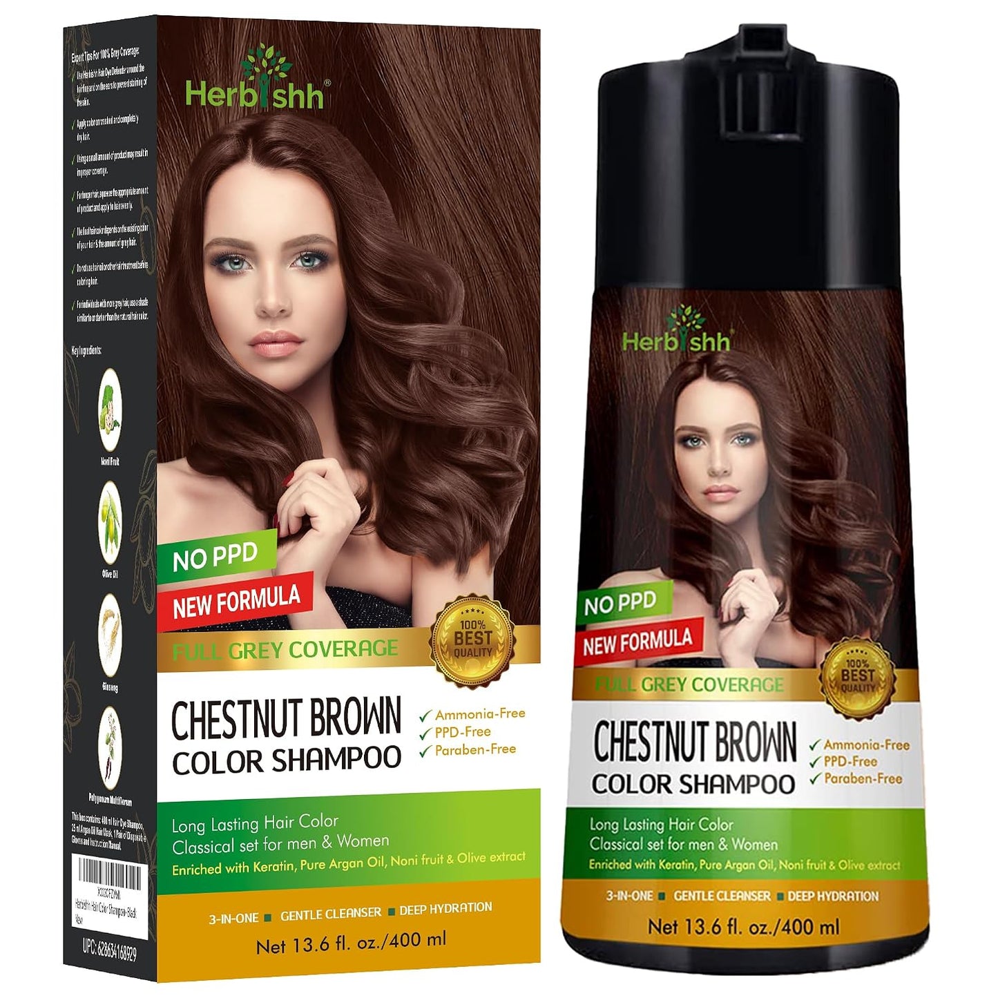 Herbishh Hair Color Shampoo for Gray Hair - Keratin-Enriched Formula for Full Coverage | Black (400ml)