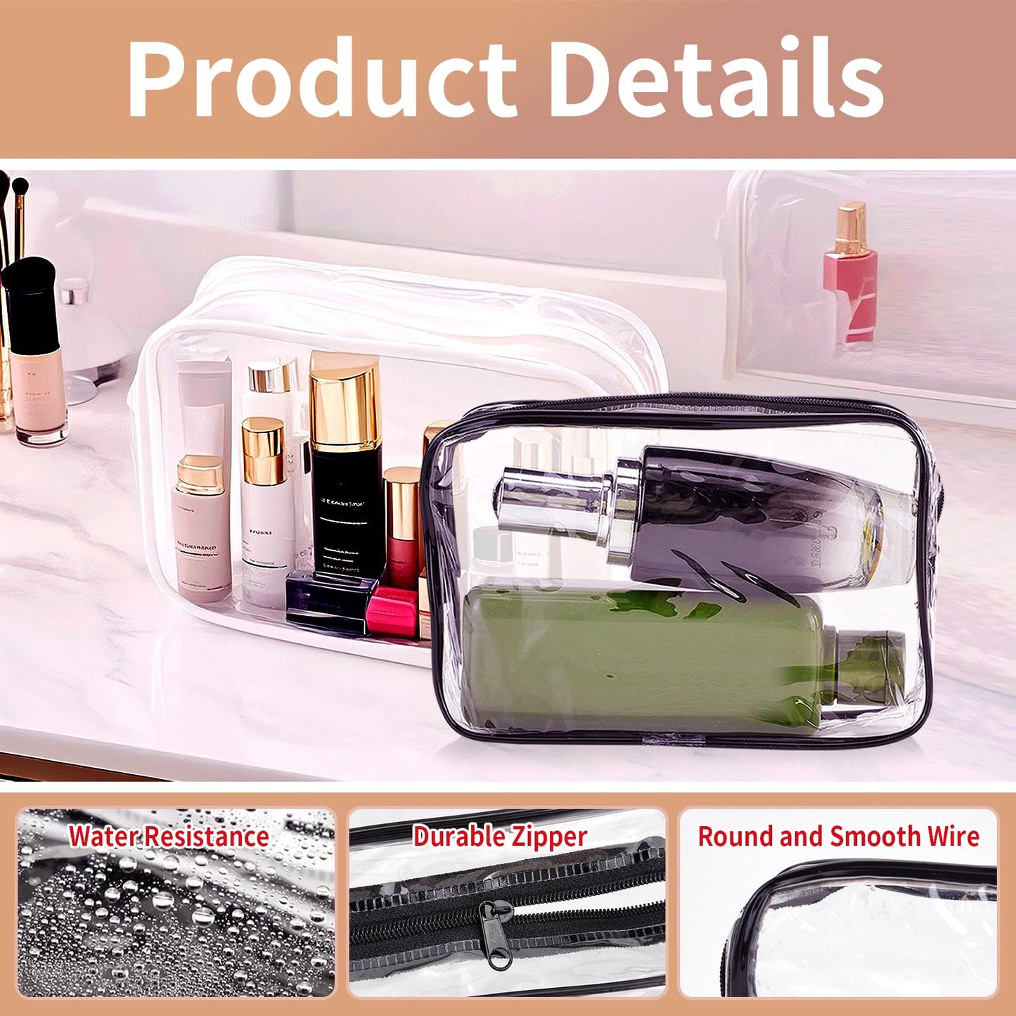 QLFJ-FurDec 24 PCS Clear Makeup Bag with Zipper, Waterproof Transparent Toiletry Bag Organizer, PVC Portable Cosmetic Bags for Women Men Traveling Vacation Bathroom Home (Black)