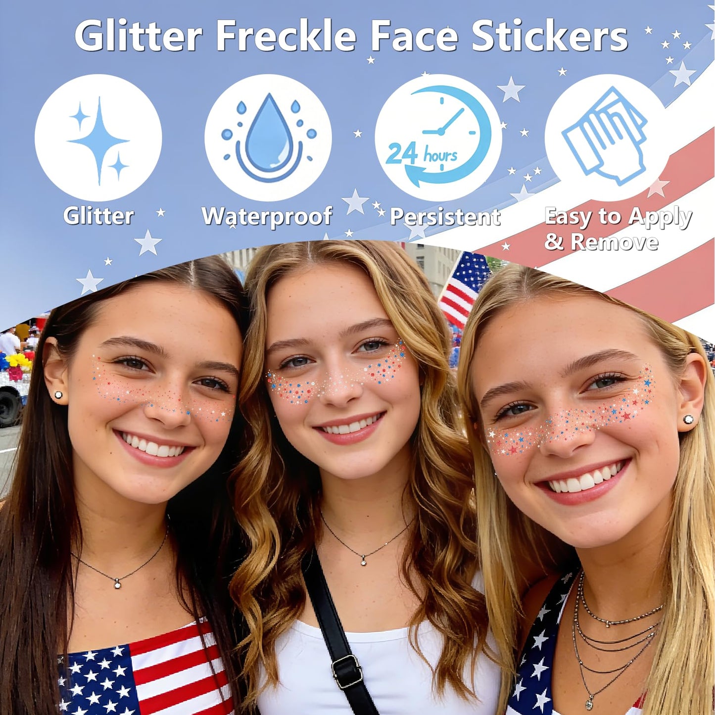 3 Styles Red White and Blue Freckles, 12 Pcs 4th of July Glitter Freckles, Star Patriotic Face Tattoos for Women Kids, 4th of July Face Tattoos Accessories for 250 Anniversary Usa Merchandise (July12)