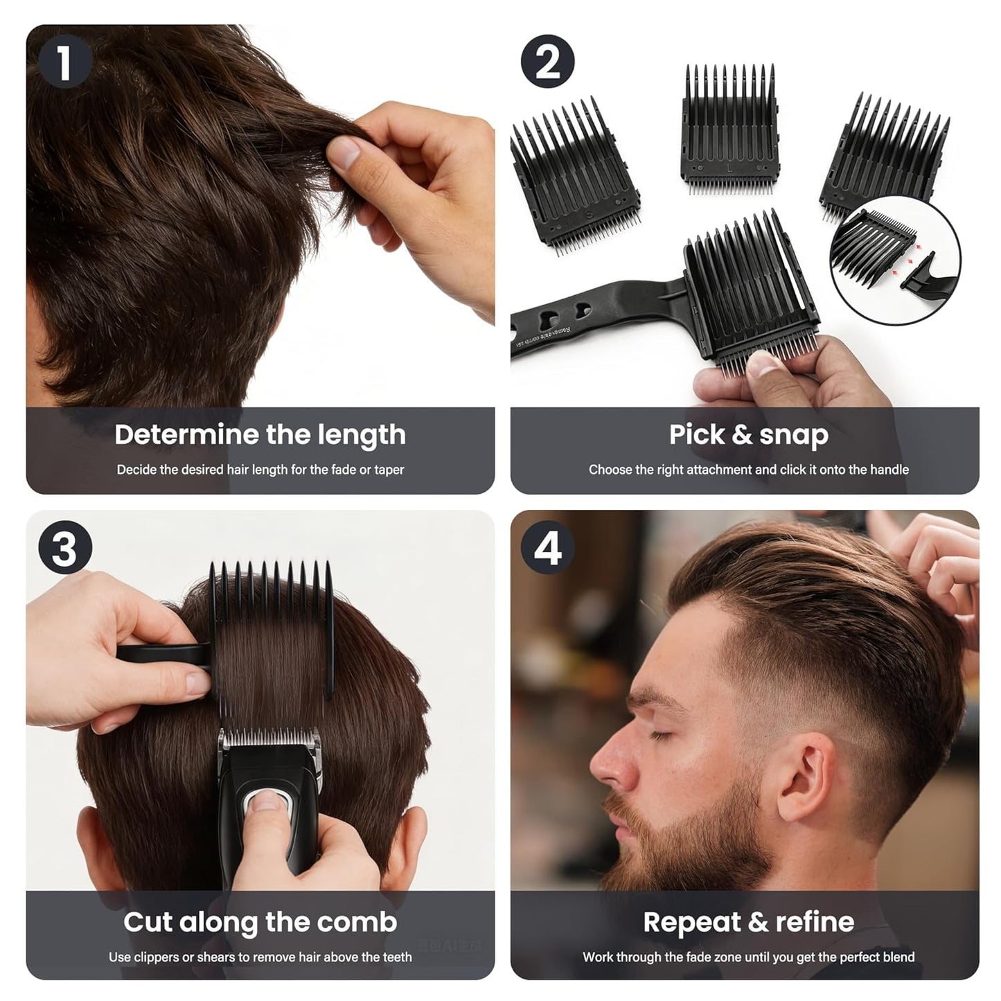 Detachable Blend Friend Fade Comb Set - 4-in-1 Pro Hair Cutting Tools for Men | Compatible with All Hair Clippers (Black)
