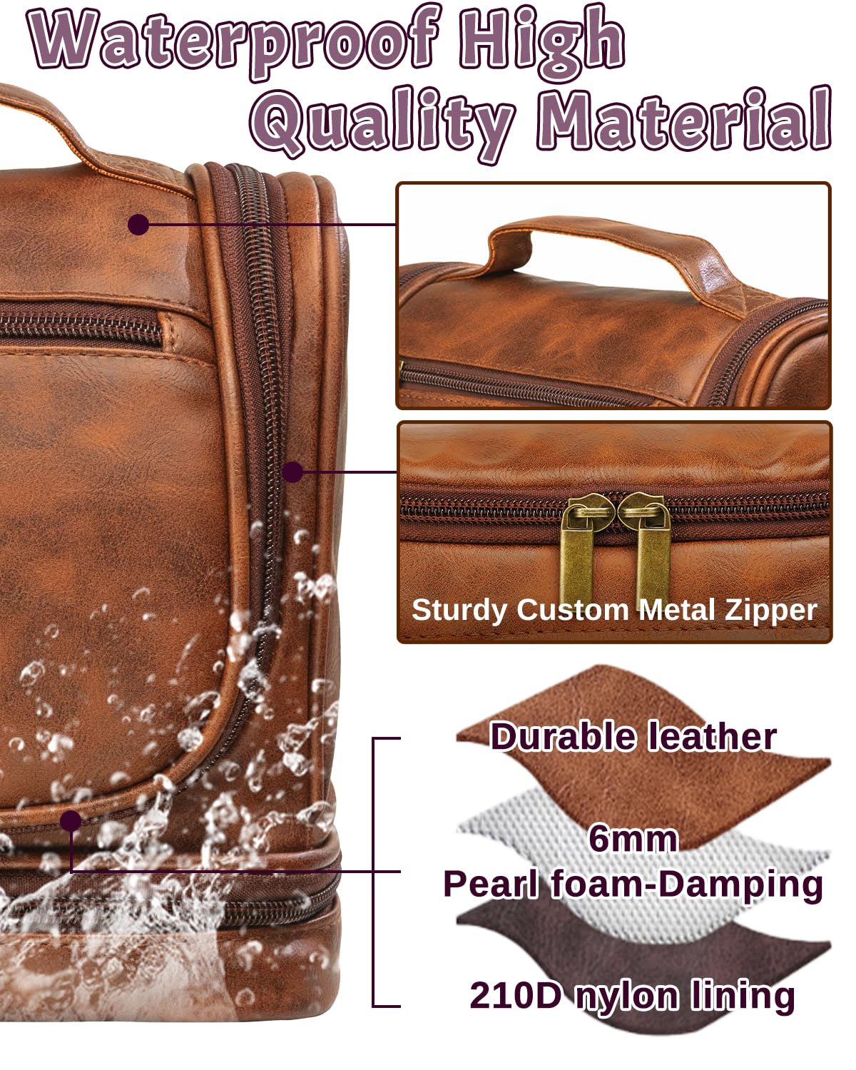 PUREFLY Personalized Toiletry Bag for Men, Gifts for Men, Him, Custom Leather Handcrafted Hanging Travel Shaving Kit Bathroom Organizer Cosmetic Bags with Hook, Engraved with Name & Initial