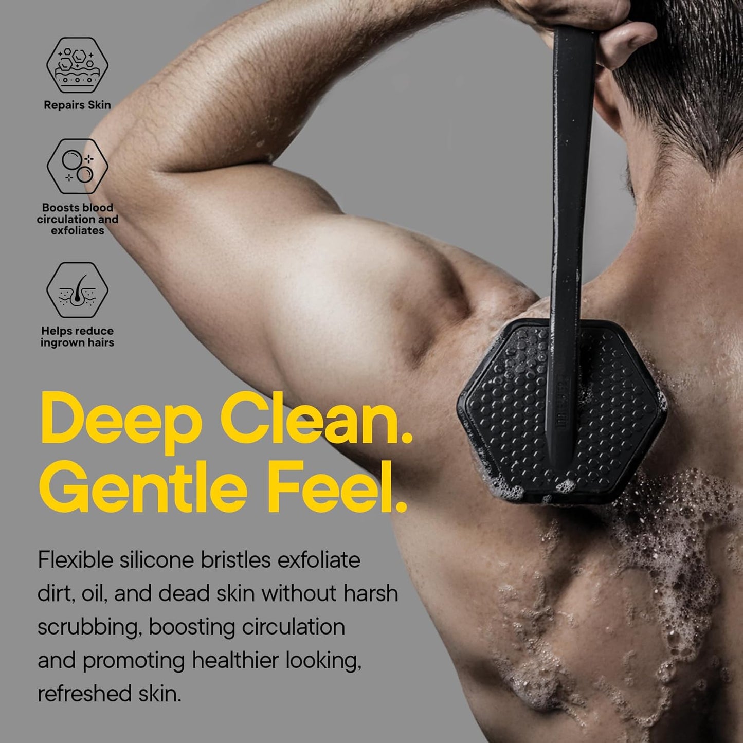 Silicone Back Scrubber - Exfoliating Bath Brush with Long Ergonomic Handle & Non-Slip Grip | Charcoal
