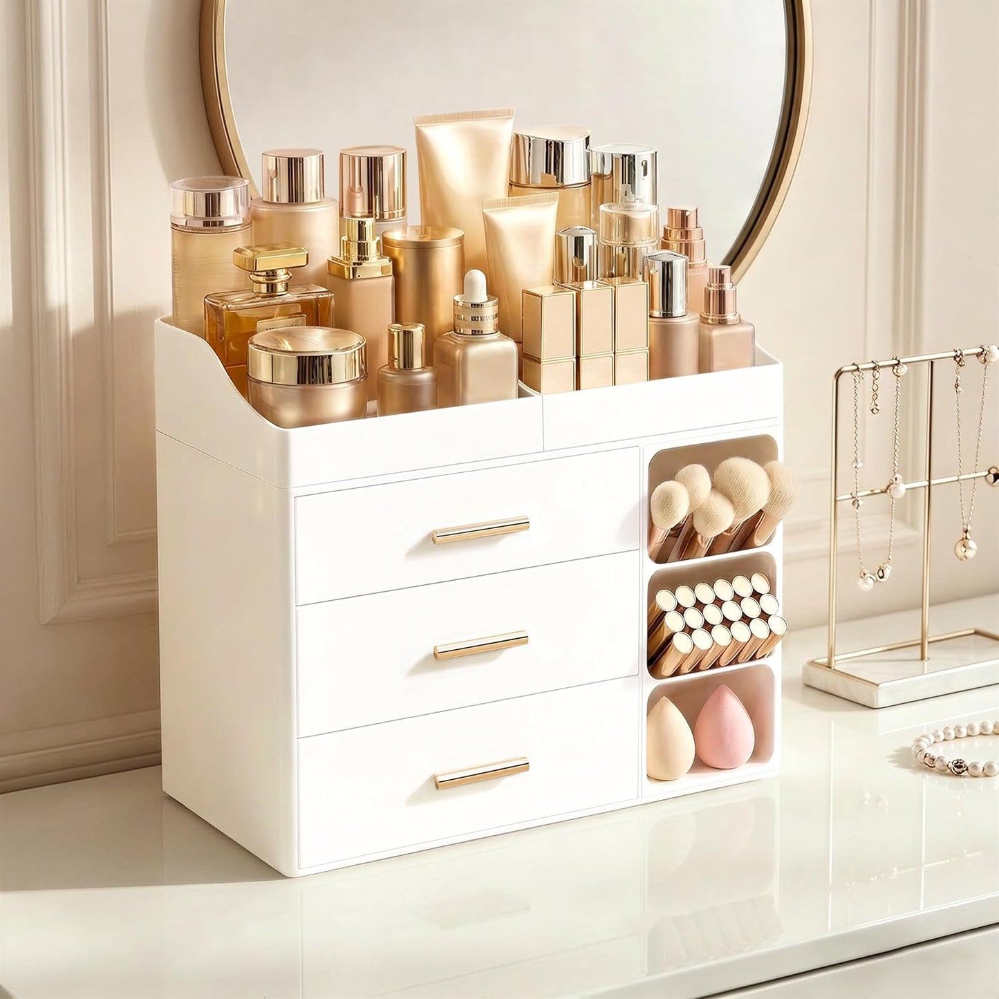 Makeup Organizer - Large Bathroom Countertop Storage with Brush Holder & Drawers | All White Dresser Organizer for Skincare & Vanity
