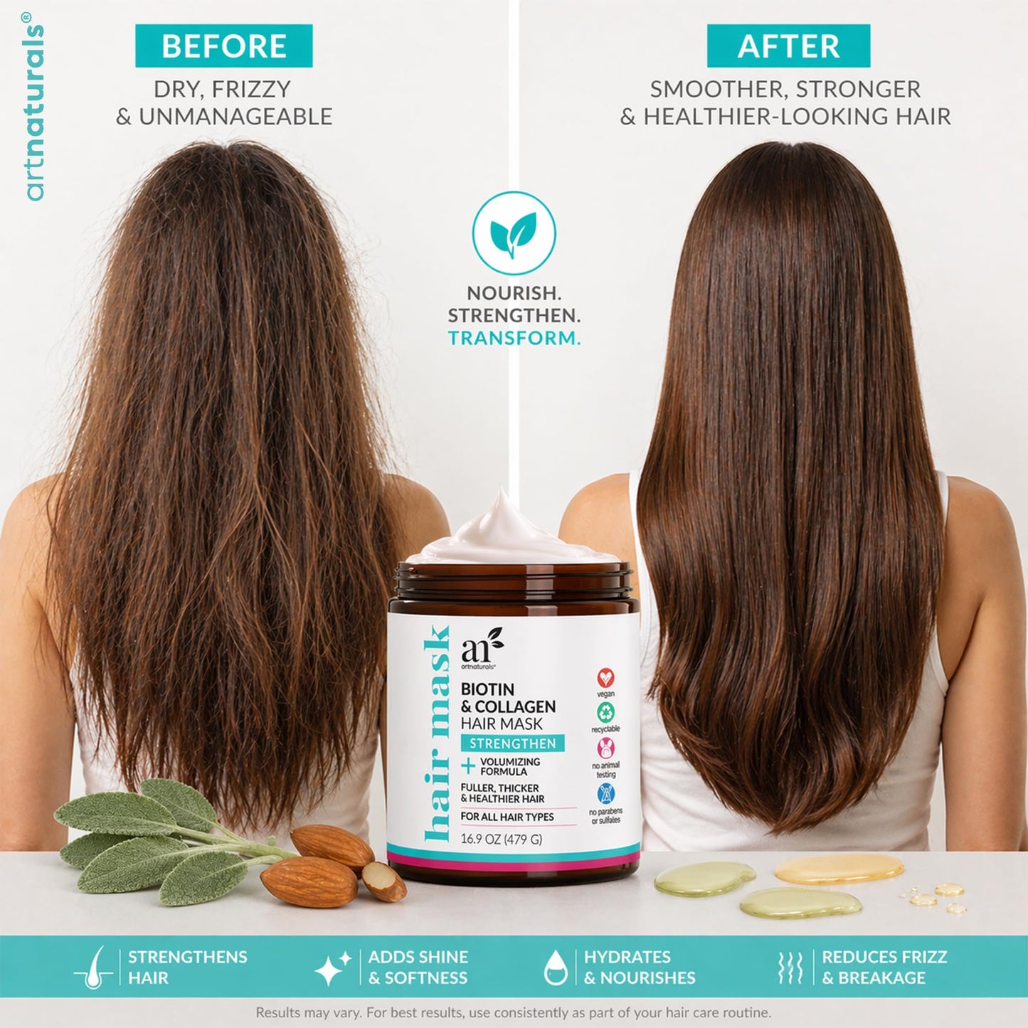 Artnaturals Biotin & Collagen Hair Mask – Strengthening & Volumizing Treatment for Fuller, Thicker Hair – With Jojoba, Almond & Sage Oils – Vegan, No Parabens or Sulfates – 16.9 oz