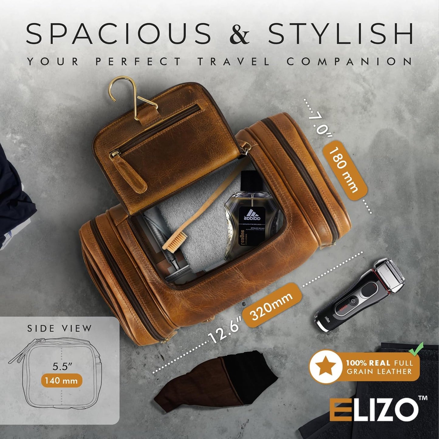 Genuine Leather Toiletry Bag for Men - Waterproof Hanging Dopp Kit | Extra Large Travel Organizer
