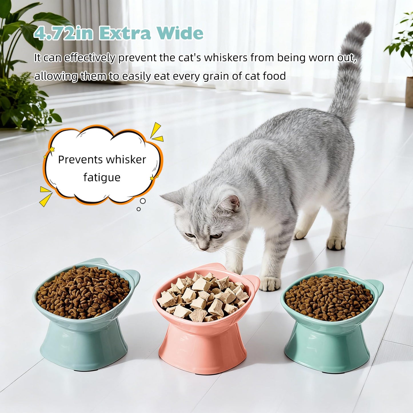 KSIA Klear Elevated Cat Bowls 2 Pack, Tilted Raised Cat Bowls for Indoor Cats, for Food and Water, 4.72" Wide, Whisker Friendly Anti Vomit for Indoor Cats, Microwave and Dishwasher Safe, Pink&Blue