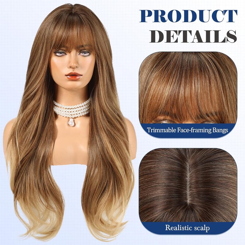 Long Ombre Brown Wig with Bangs - Layered Curly Synthetic Hair for Women | Daily Wear
